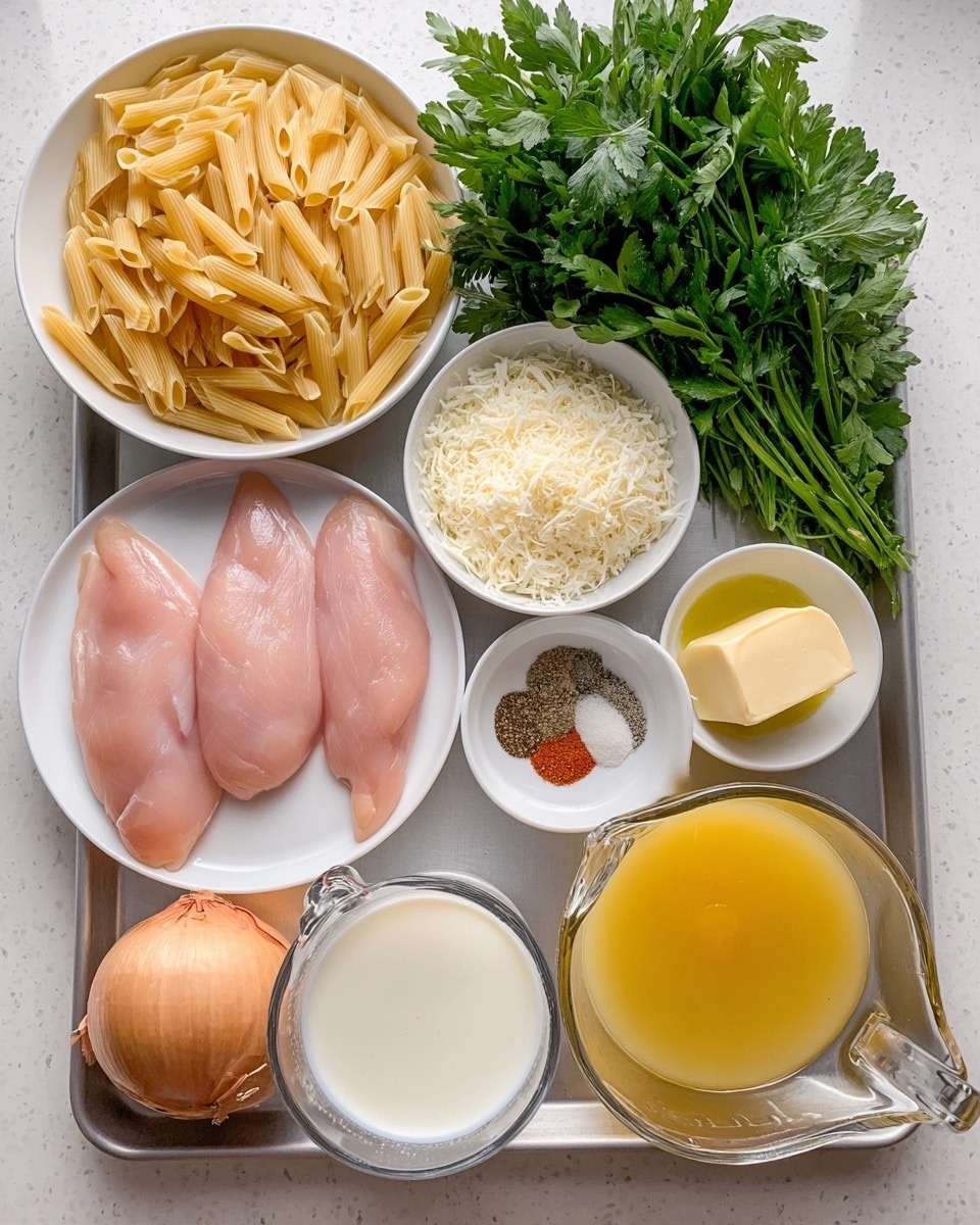 The image shows a silver tray on a white marbled surface holding several ingredients. On the lower left, three raw pink chicken fillets lay on a white plate. Above them, in a white bowl, there is uncooked pale yellow penne pasta. Next to the pasta is another white bowl filled with finely grated white cheese. At the bottom right of the cheese, three spices are seen in a small white bowl with salt, black pepper, and red paprika. To the right of the spices is a small white bowl holding golden olive oil, and next to it, a small white dish contains a pale yellow cube of butter. Above that is a clear measuring cup filled with white milk, and in the front right corner is a larger clear measuring cup with golden-yellow chicken broth. Near the broth, a yellow onion and a whole garlic bulb rest on the tray. In the top right corner is a large bunch of bright green parsley. photo taken with an iphone --ar 4:5 --v 7