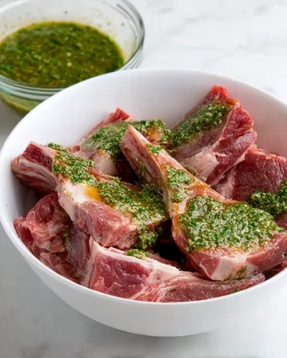 The image shows a white bowl filled with several raw lamb chops. The lamb chops have a fresh, red color with some white fat around the edges. A green sauce, likely a herb marinade, is drizzled generously over the meat, giving it a bright and fresh look. The bowl is placed on a white marbled surface, with a small glass bowl containing more green sauce visible in the background. Photo taken with an iphone --ar 4:5 --v 7