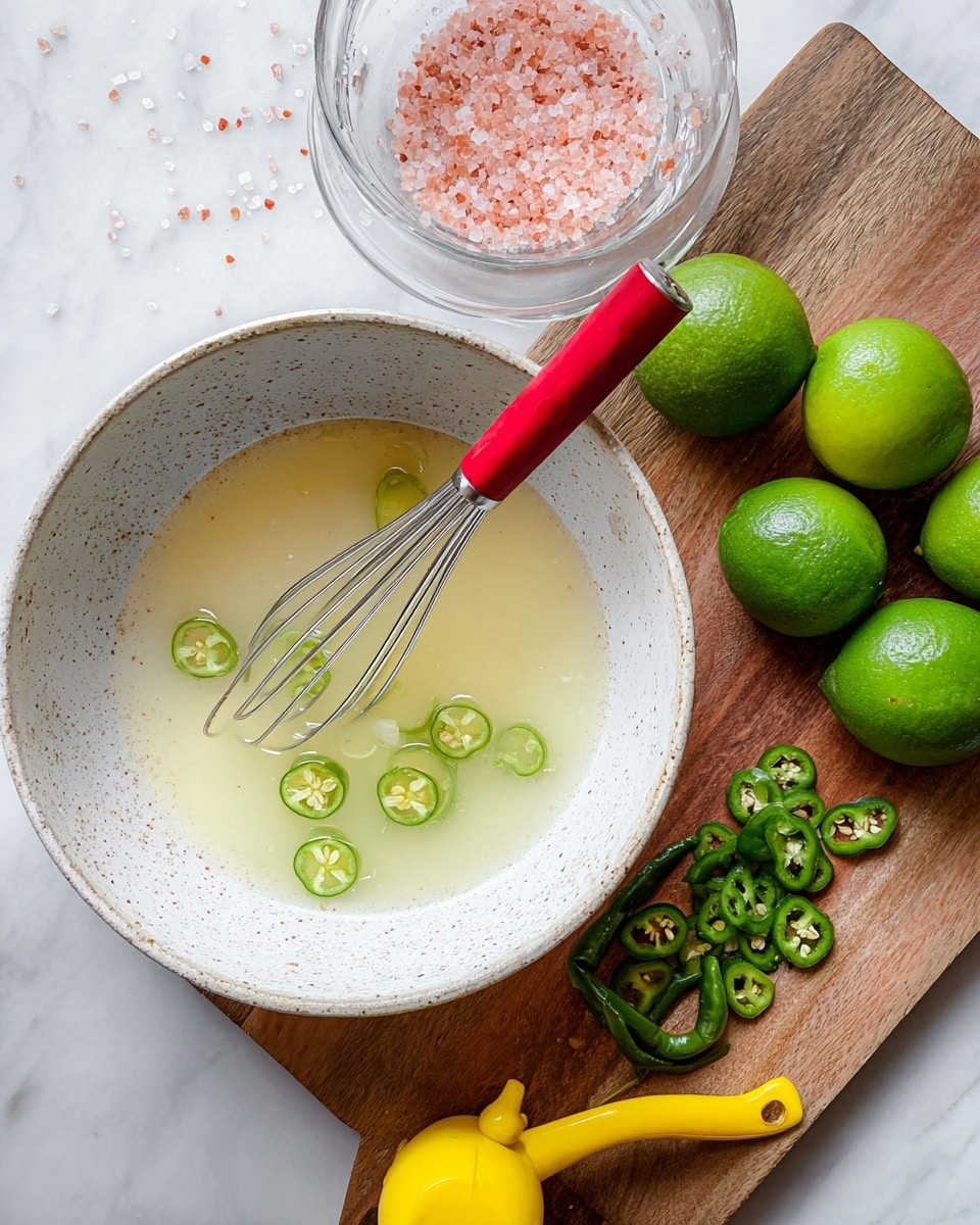 A large white bowl with speckled details holds a light yellow liquid with several thin slices of green chili floating on the surface. A red whisk with a metal handle rests inside the bowl, partially submerged in the liquid. Next to the bowl on a wooden cutting board are whole and halved green limes, showing bright green skin and pale green interior. There is also a small pile of sliced green chili pieces and a yellow citrus juicer on the right side of the board. In the background, on a white marbled surface, a glass container filled with pink salt is partially visible. The scene is bright and fresh, with a mix of textured and smooth surfaces. photo taken with an iphone --ar 4:5 --v 7