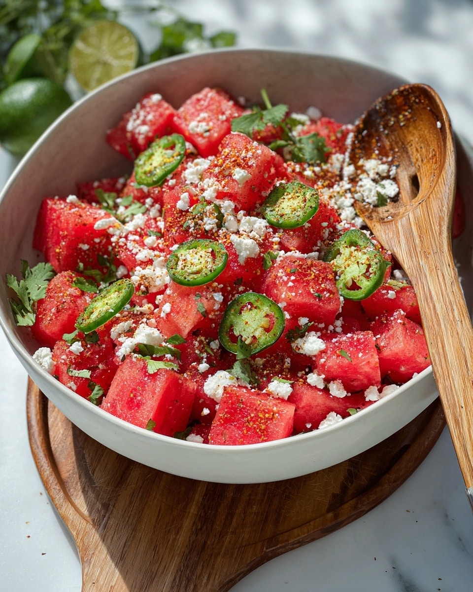 The image shows a large white bowl filled with layers of bright red watermelon cubes at the bottom, sprinkled with white crumbled cheese and finely chopped green herbs. On top, there are thin slices of green jalapeño peppers scattered throughout along with some small leafy green cilantro sprigs. The watermelon and toppings are also dusted with a powdery reddish spice, creating contrast on the cubes. A wooden spoon and fork with natural light wood textures rest inside the bowl. The bowl sits on a wooden board over a white marbled surface. Photo taken with an iphone --ar 4:5 --v 7