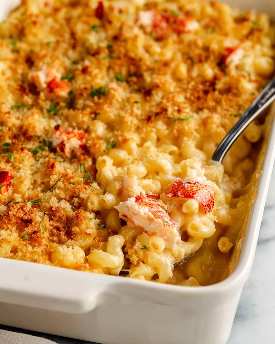 The image shows a white rectangular baking dish filled with a creamy macaroni and cheese casserole. The top layer is golden brown with crispy toasted crumbs and scattered small chunks of red lobster meat. The macaroni underneath is coated in a smooth, rich, pale yellow cheese sauce. A silver spoon is scooping a portion from the corner of the dish, lifting some macaroni, melted cheese, and lobster pieces. The dish sits on a white marbled surface. photo taken with an iphone --ar 4:5 --v 7