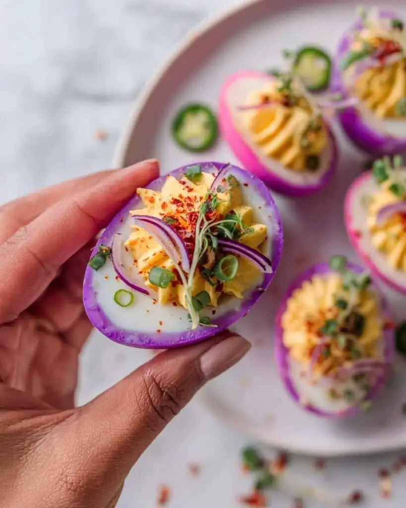 Perfectly Pink Deviled Eggs with Beet Pickle and Gourmet Garnishes Recipe