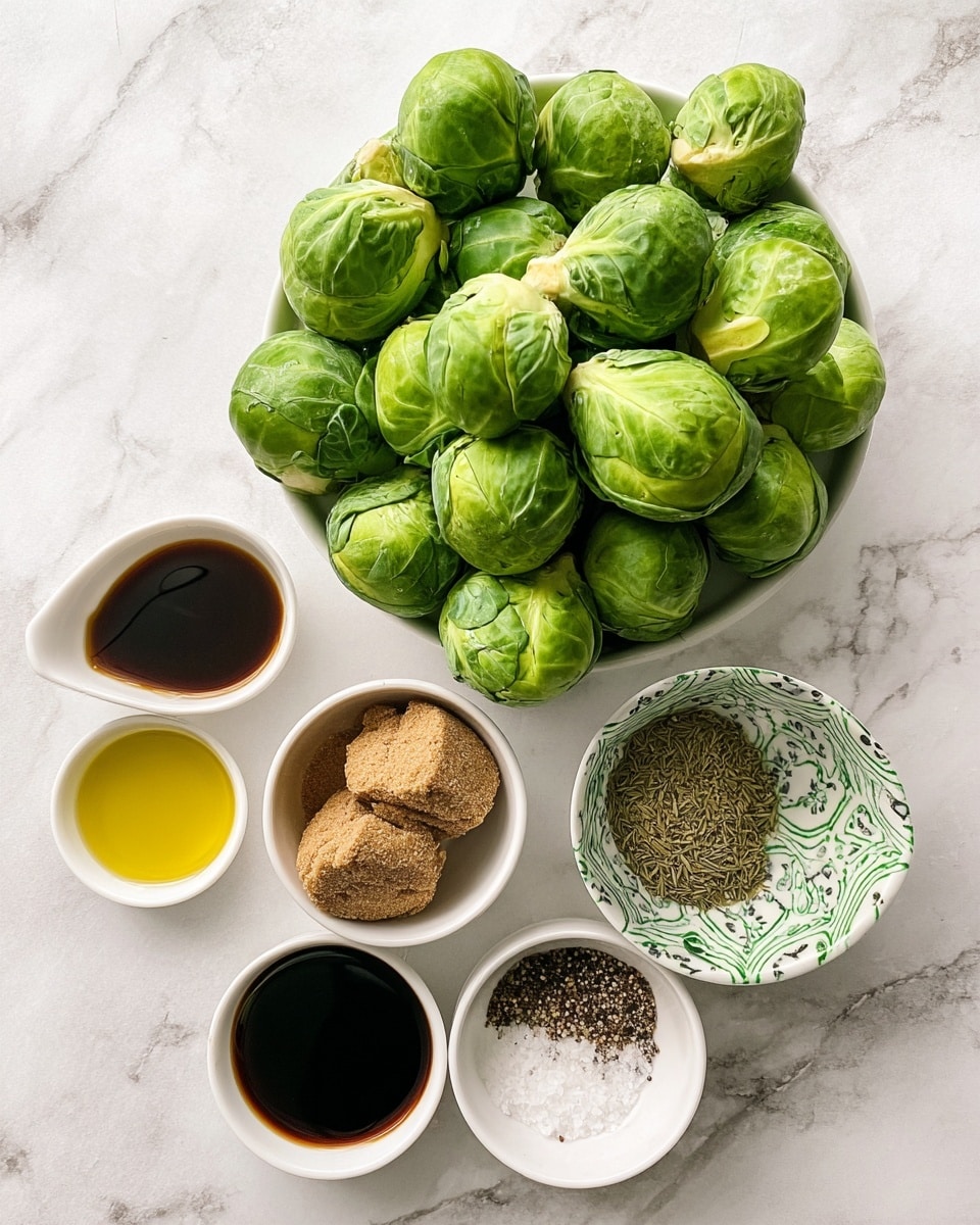 The image shows a pile of fresh Brussels sprouts with a bright green color and smooth, leafy texture placed on a white marbled surface. Below them, there is a white bowl containing a few scoops of brown sugar, a dollop of grainy mustard, and a small pile of dried herbs, arranged separately inside the bowl. Around the bowl, there are four small white bowls, each containing different liquids and spices: a dark balsamic vinegar, golden olive oil with tiny black specks, a thick dark liquid that looks like soy or molasses, and a mixture of salt and black pepper in a white bowl with green patterns inside. The scene is neat and well-lit, showing clear contrasts between the natural green color of the Brussels sprouts and the warm, rich colors of the ingredients. Photo taken with an iphone --ar 4:5 --v 7