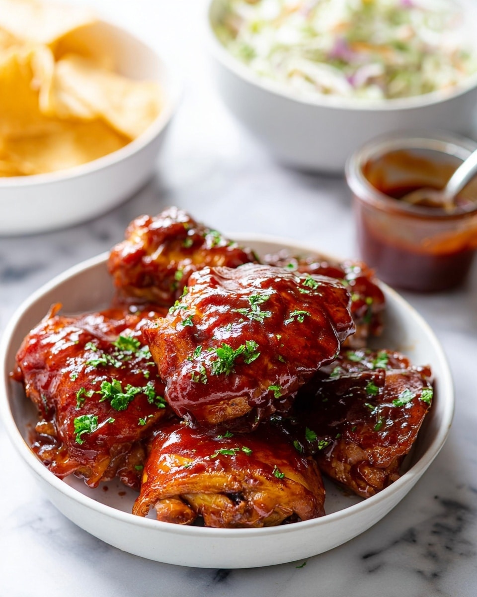 A white bowl filled with several pieces of cooked chicken thighs covered in shiny reddish-brown barbecue sauce, topped with small green parsley leaves for garnish. The chicken pieces are stacked together, showing a mix of crispy and saucy textures. In the background, there is a blurred white bowl of coleslaw and another white bowl with chips. A small jar of barbecue sauce with a spoon inside is visible to the side. The whole scene is set on a white marbled surface. photo taken with an iphone --ar 4:5 --v 7