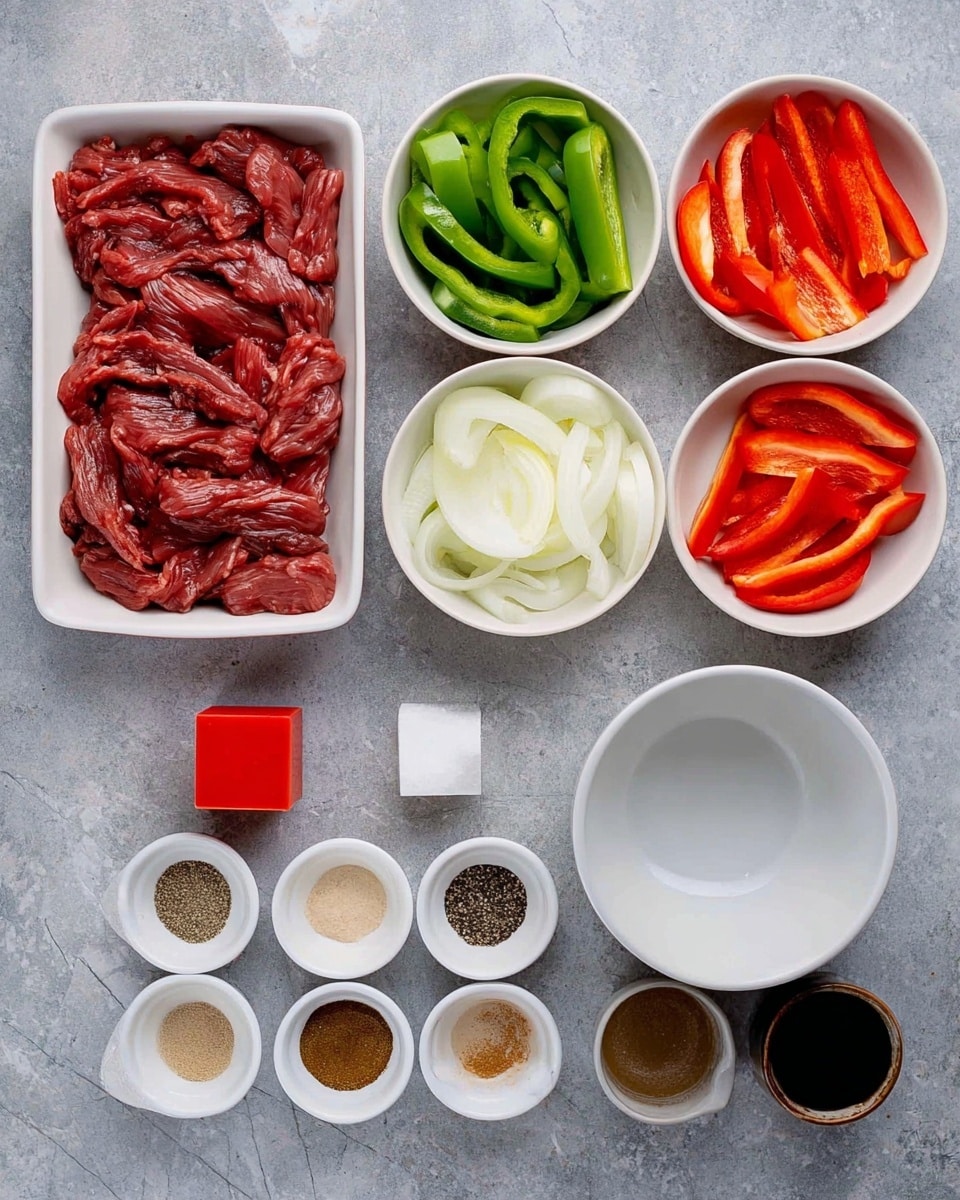 The image shows various sliced ingredients and spices laid out neatly on a white marbled surface. At the bottom left, there is a white tray filled with raw red meat strips. Above it, from left to right, there are three small white bowls with bright green sliced bell peppers, white onion slices, and red bell pepper slices. To the right of these bowls, a larger empty white bowl sits. Below these bowls, small white ramekins contain different spices: one with light brown powder, one with white powder, one with black pepper, one with a darker brown powder, and one with a dark liquid sauce. Two small red cubes are placed between the bowls of veggies and spices. photo taken with an iphone --ar 4:5 --v 7