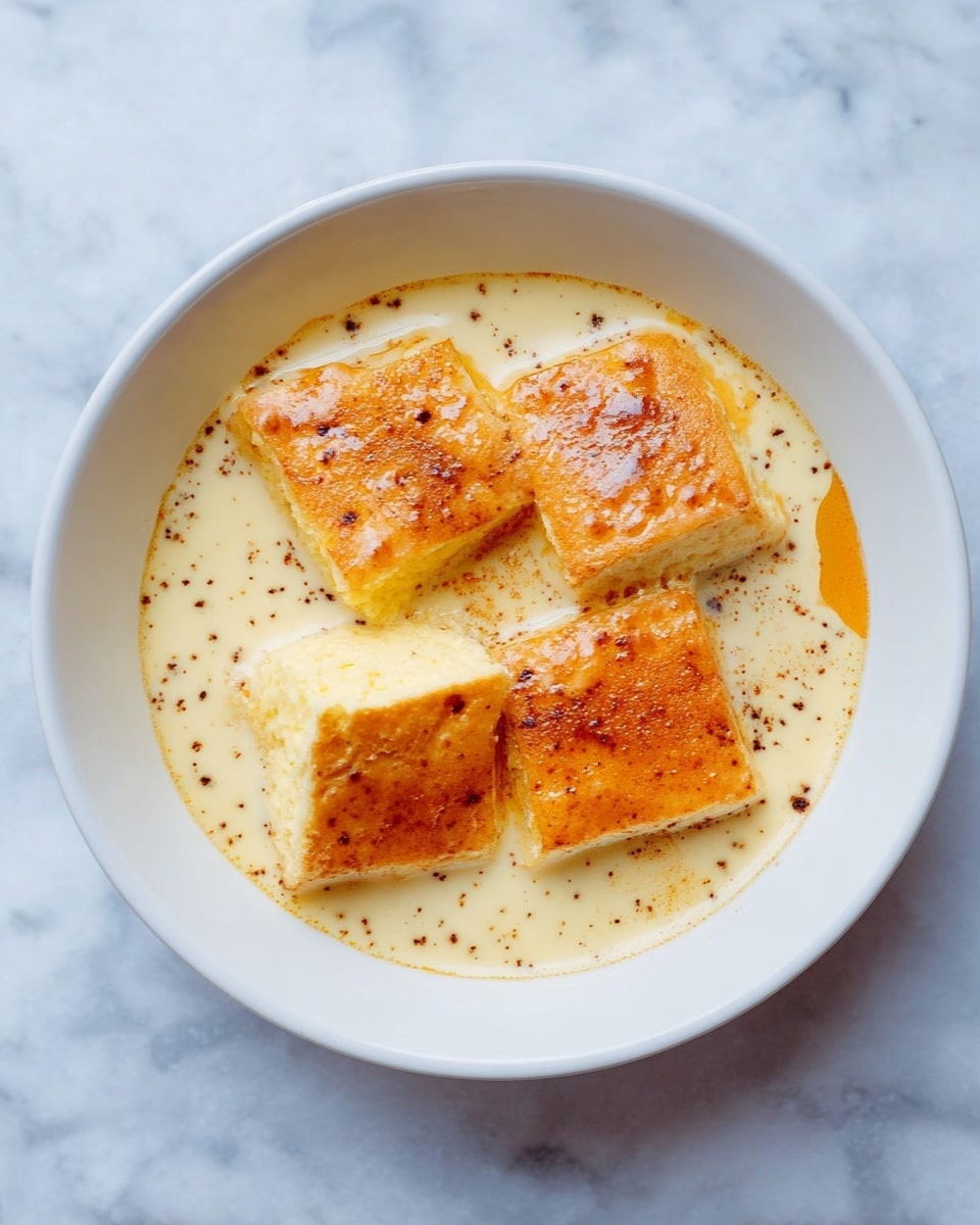 A white bowl sits on a white marbled surface, filled with a creamy light yellow liquid speckled with dark brown spices. Inside the liquid, there are four square pieces of soft bread arranged close to each other, two pieces showing a golden brown, shiny top crust and two pieces revealing a pale yellow, porous inside texture. The creamy liquid surrounds the bread pieces evenly, with some air bubbles and a faint layer of spice on the surface near the edge of the bowl. photo taken with an iphone --ar 4:5 --v 7