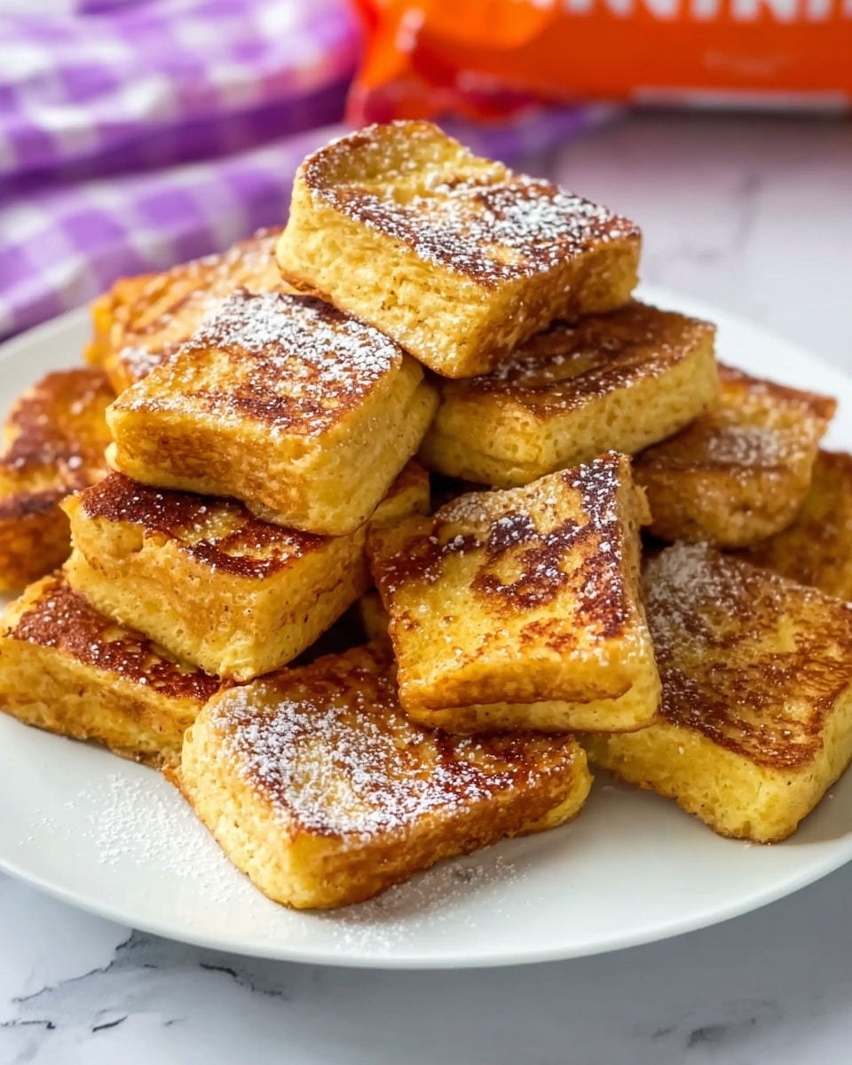 A white plate filled with a pile of small, square, golden brown French toast pieces, each with a slightly crispy, textured surface and soft, fluffy inside. The toast has some light darker spots from cooking, giving a nicely toasted look. There is a light dusting of white powdered sugar sprinkled evenly on top of the stack. The plate sits on a white marbled texture surface, with a purple and white checkered cloth and an orange bread bag in the blurred background. Photo taken with an iphone --ar 4:5 --v 7