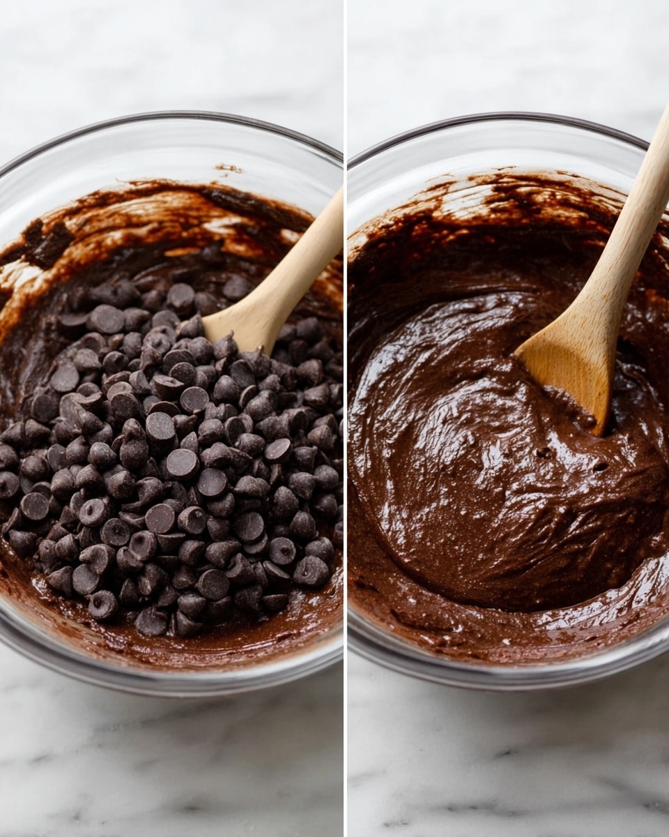The image shows two side-by-side photos of chocolate batter in a clear glass bowl on a white marbled surface. In the left photo, a wooden spoon is stirring dark chocolate chips into thick, dark brown batter with a shiny and dense texture. The right photo shows the batter fully mixed, with a smooth and rich dark brown surface, and the wooden spoon resting inside the bowl. photo taken with an iphone --ar 4:5 --v 7