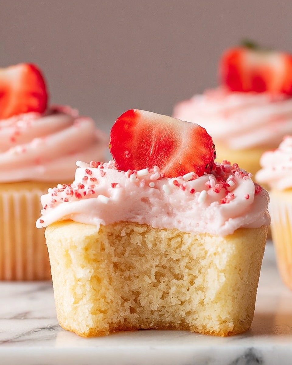 A close-up view of a cupcake with a bite taken out of the front, showing light yellow soft cake inside. On top, there is a thick layer of pale pink whipped frosting with small red sprinkles scattered on it. In the background, two more cupcakes are visible, each topped with similar pink frosting and garnished with sliced strawberries standing upright. The cupcakes are placed on a white marbled surface. photo taken with an iphone --ar 4:5 --v 7