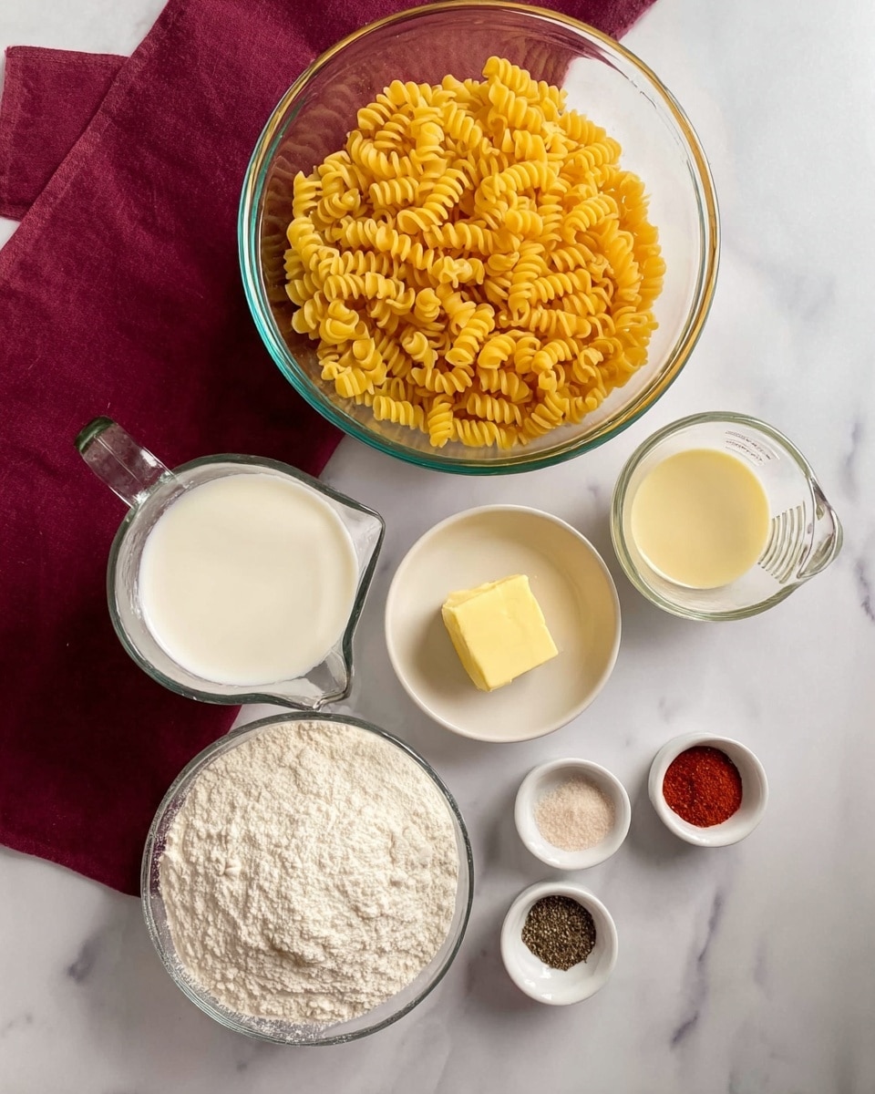 The image shows a clear glass bowl filled with yellow corkscrew-shaped pasta placed near the top center, sitting on a white marbled surface. Below and around it are several small white bowls and glass measuring cups arranged neatly in a line: a clear glass measuring cup with white milk on the left, a clear glass measuring cup with a creamy light yellow liquid on the right, a small white bowl with a yellow stick of butter in the center, a white bowl with white flour below the butter, and another white bowl with four neatly divided piles of spices including red, black, white, and light brown powders on the lower right. A deep burgundy cloth napkin is placed beside the pasta bowl on the upper left. Photo taken with an iphone --ar 4:5 --v 7