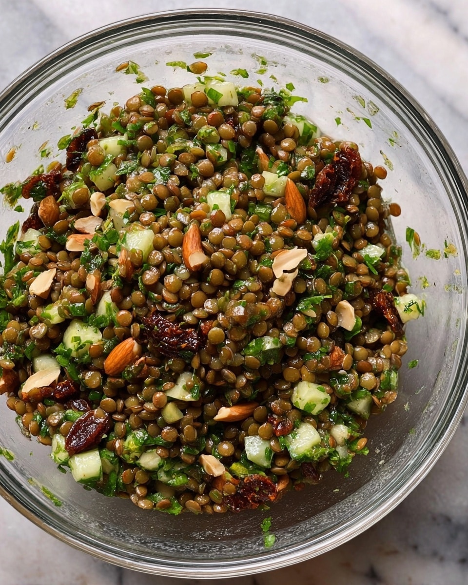 A clear glass bowl filled with a mix of small green lentils as the main layer, tossed with chopped green herbs, small pieces of dark red dates, whole almonds, and small cucumber chunks evenly spread throughout. The texture looks fresh and slightly moist, with a variety of small round and chopped shapes, placed on a white marbled surface. photo taken with an iphone --ar 4:5 --v 7