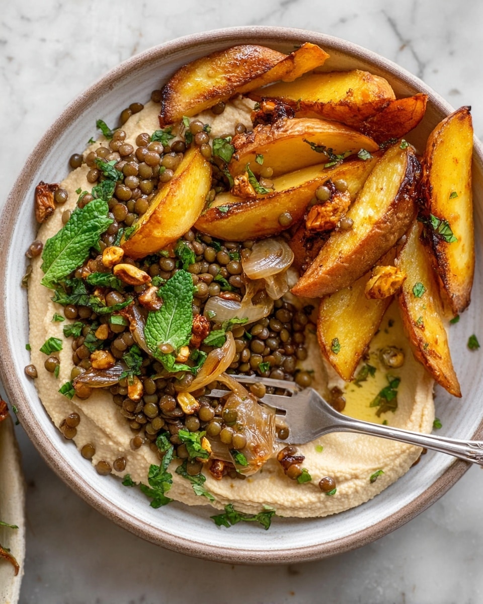 A white plate holds a layered dish with creamy beige hummus spread thinly on the bottom, topped with a mix of green lentils and chopped fresh mint leaves scattered evenly. On top, golden roasted potato wedges with a slightly crispy texture are placed, along with caramelized onion slices adding a light brown color and glossy shine. Small pieces of roasted nuts and herbs are sprinkled throughout, providing contrast with green, yellow, and brown tones. A silver fork rests on the edge, partially touching the hummus and lentils. The background is a white marbled surface. photo taken with an iphone --ar 4:5 --v 7