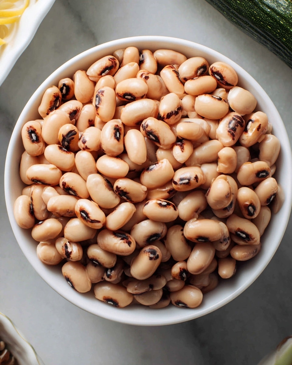 A close-up top view of a white bowl filled fully with cooked beige beans that have dark brown spots near their curved ends. The beans are smooth and shiny, resting evenly inside the bowl. The bowl is placed on a white marbled surface with parts of a green vegetable and a white dish with some yellow contents visible near the edges. Photo taken with an iphone --ar 4:5 --v 7