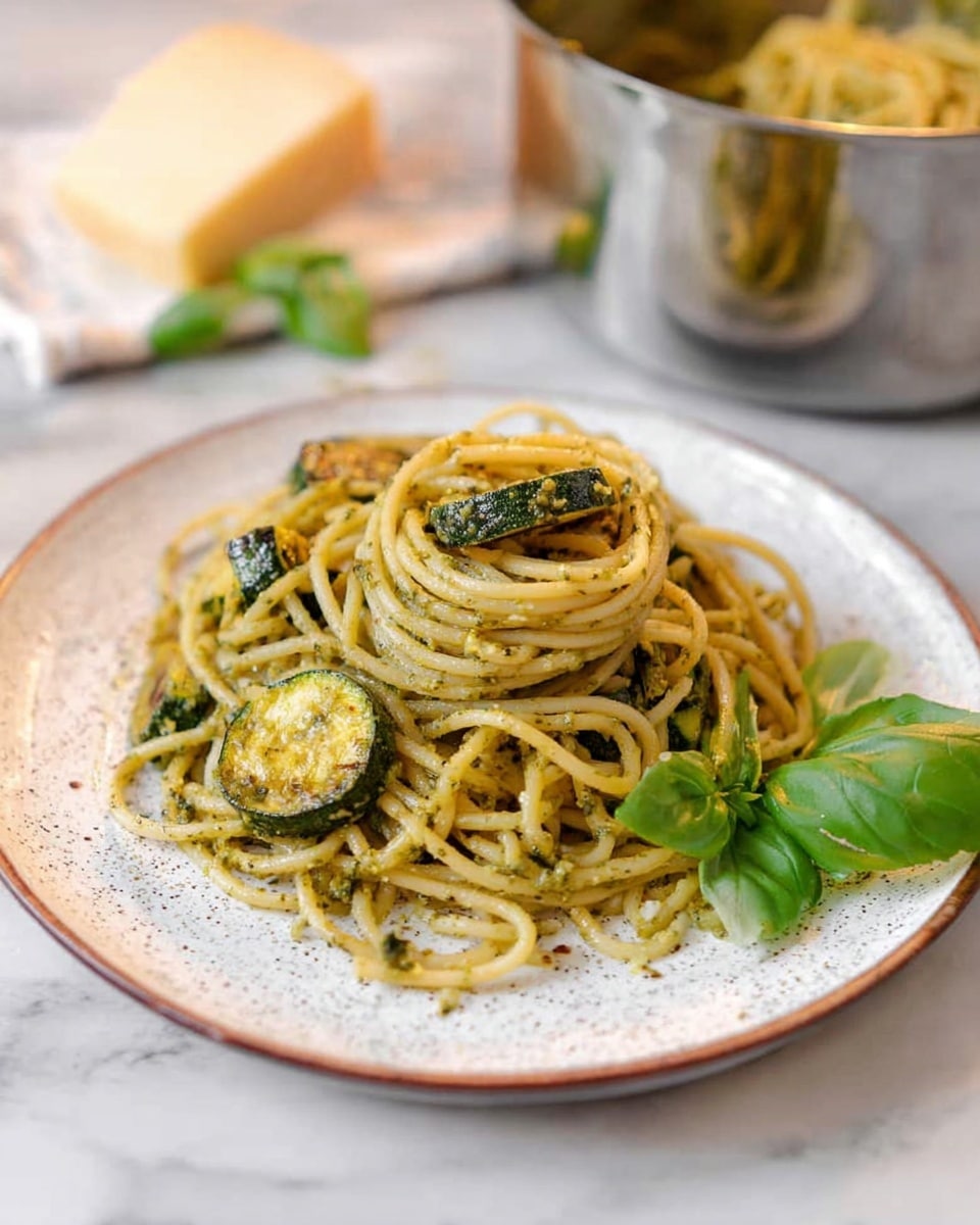 A white speckled plate holds a single serving of spaghetti mixed with greenish pesto sauce, with roasted green zucchini slices scattered throughout and on top, showing a slightly browned and textured surface. The pasta strands are loosely coiled in the center of the plate, with some strands extending outward. Fresh green basil leaves are placed on the right side of the plate as garnish. The background is a white marbled surface with a blurred metallic pot filled with spaghetti and a wedge of cheese with green basil leaves on top in the upper part of the image. photo taken with an iphone --ar 4:5 --v 7