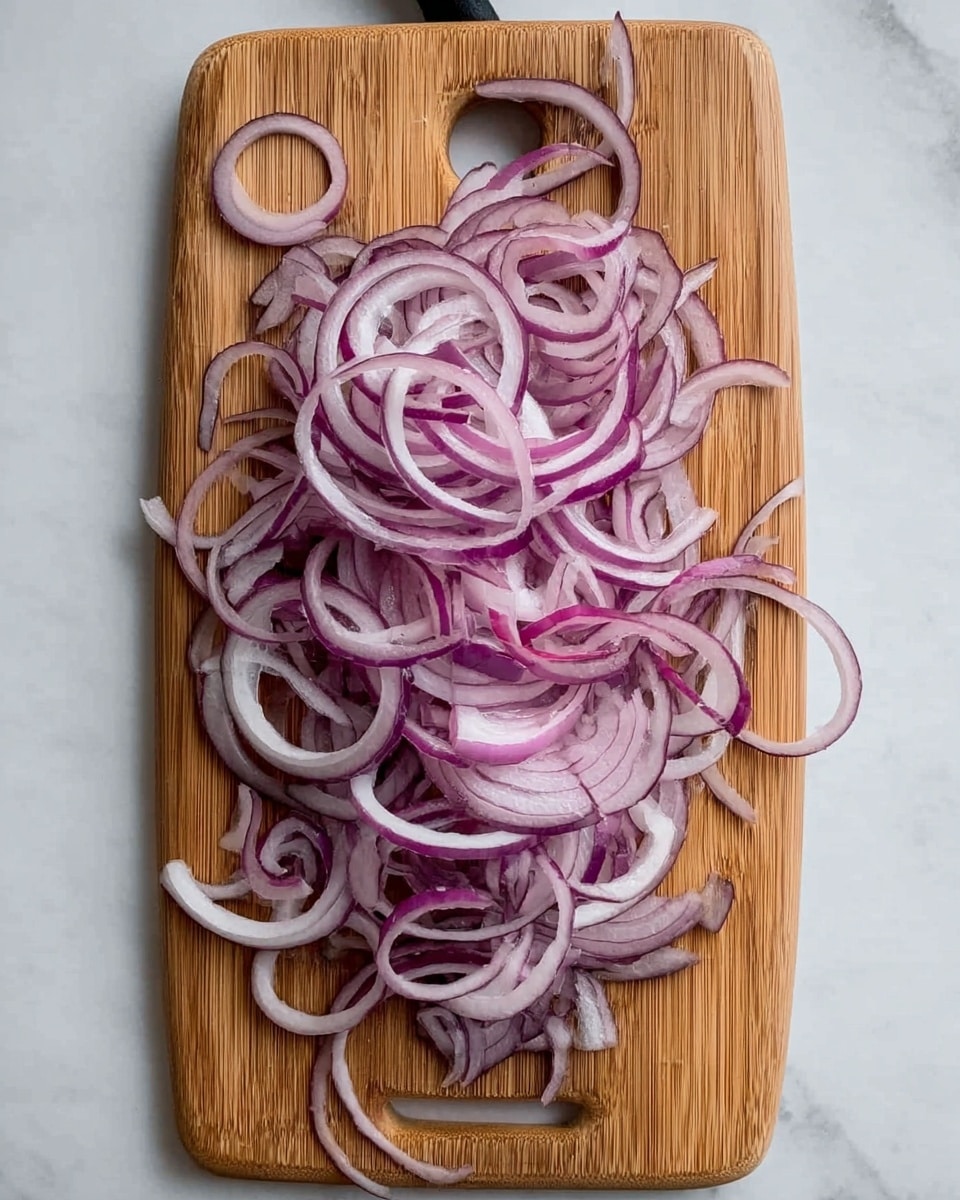 The image shows a wooden cutting board placed on a white marbled surface, filled with thin slices of purple-red onion. The sliced onion pieces are spread out in a loose pile, revealing layers of light purple and white curved rings with a slightly translucent texture. The cutting board has a smooth grainy pattern and rounded corners with a small handle at one end. photo taken with an iphone --ar 4:5 --v 7