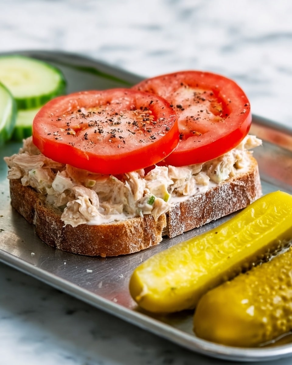 The image shows an open sandwich with three layers on a white marbled surface. The bottom layer is a slice of brown rustic bread with a rough texture. On top of the bread is a thick layer of creamy light beige tuna salad with visible small herb pieces, giving it a slightly chunky texture. The top layer has two fresh red tomato slices, each sprinkled lightly with black pepper. To the side of the sandwich are two whole yellow pickles with a shiny, bumpy surface. The tray is silver and has a slightly worn metal texture. Photo taken with an iphone --ar 4:5 --v 7