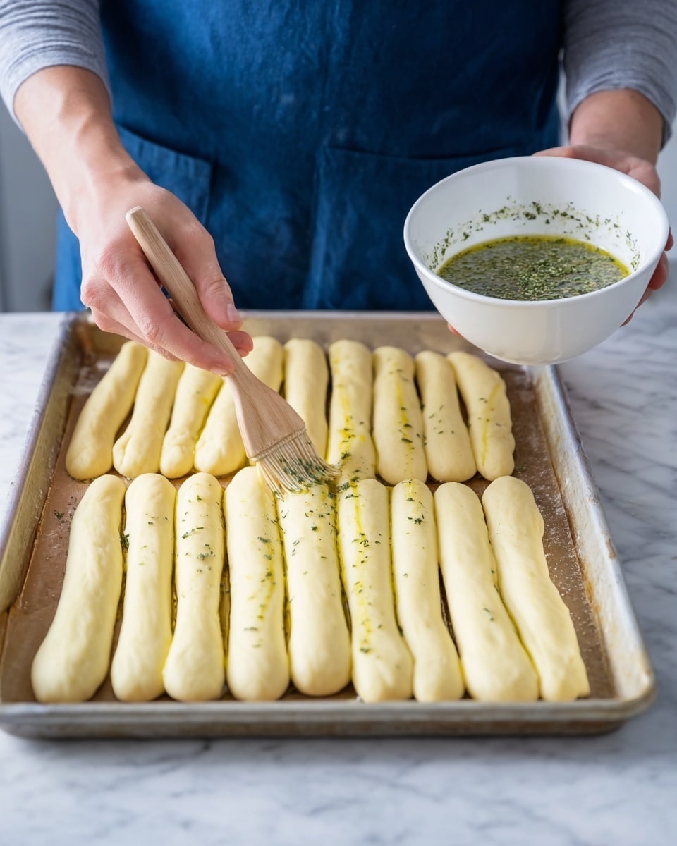 A metal baking tray holds 15 long, smooth dough sticks arranged in three rows. The sticks are light yellow with a soft texture. A woman's hand holds a white bowl containing a green oily mixture with herbs, while another woman's hand brushes the mixture onto one dough stick in the middle row. The white marbled surface is below the tray, and in the background, a person wears a blue apron and gray shirt. The scene shows preparing dough sticks before baking, focusing on brushing the herb oil evenly on the top photo taken with an iphone --ar 4:5 --v 7