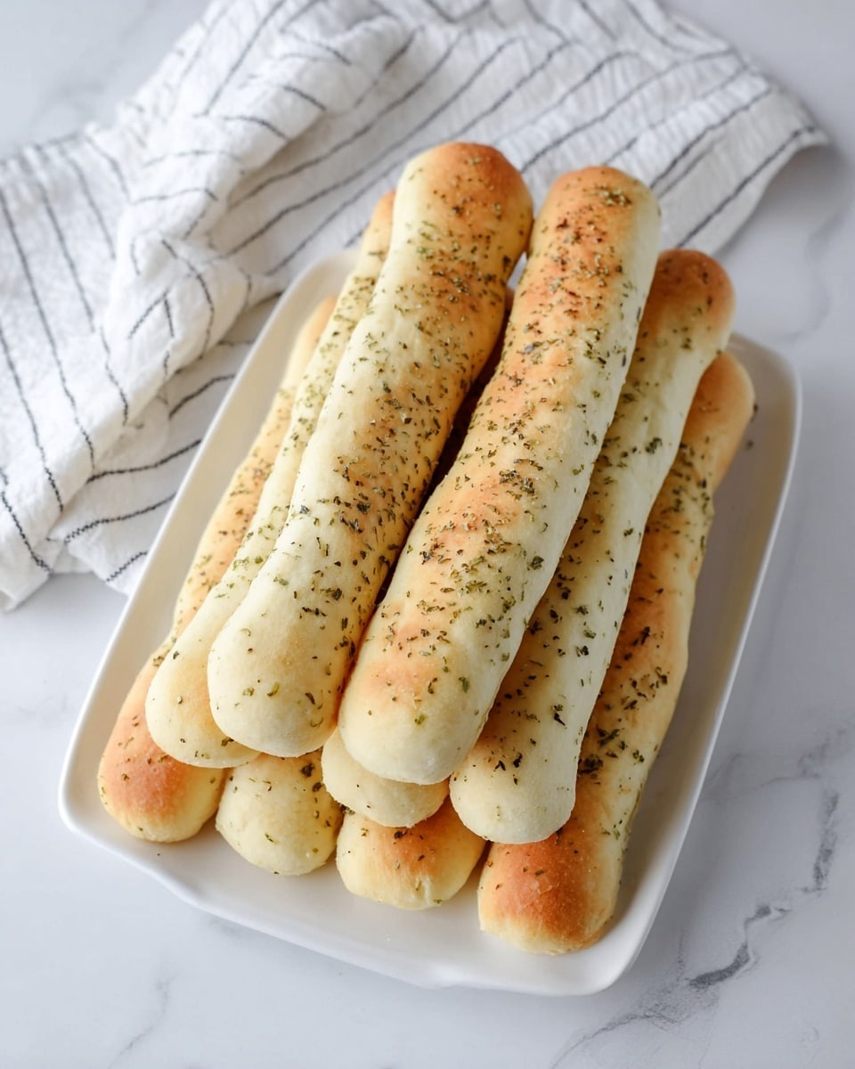 A white rectangular plate holds a stack of eight breadsticks arranged in two layers; the bottom layer has five breadsticks and the top layer has three, all are long and evenly baked with a light golden brown top. The breadsticks are sprinkled with small green herb flakes, giving a dotted texture on their soft, light beige surface. The plate sits on a white marbled surface, with a plain white cloth and a white and black striped cloth partially visible in the background. photo taken with an iphone --ar 4:5 --v 7