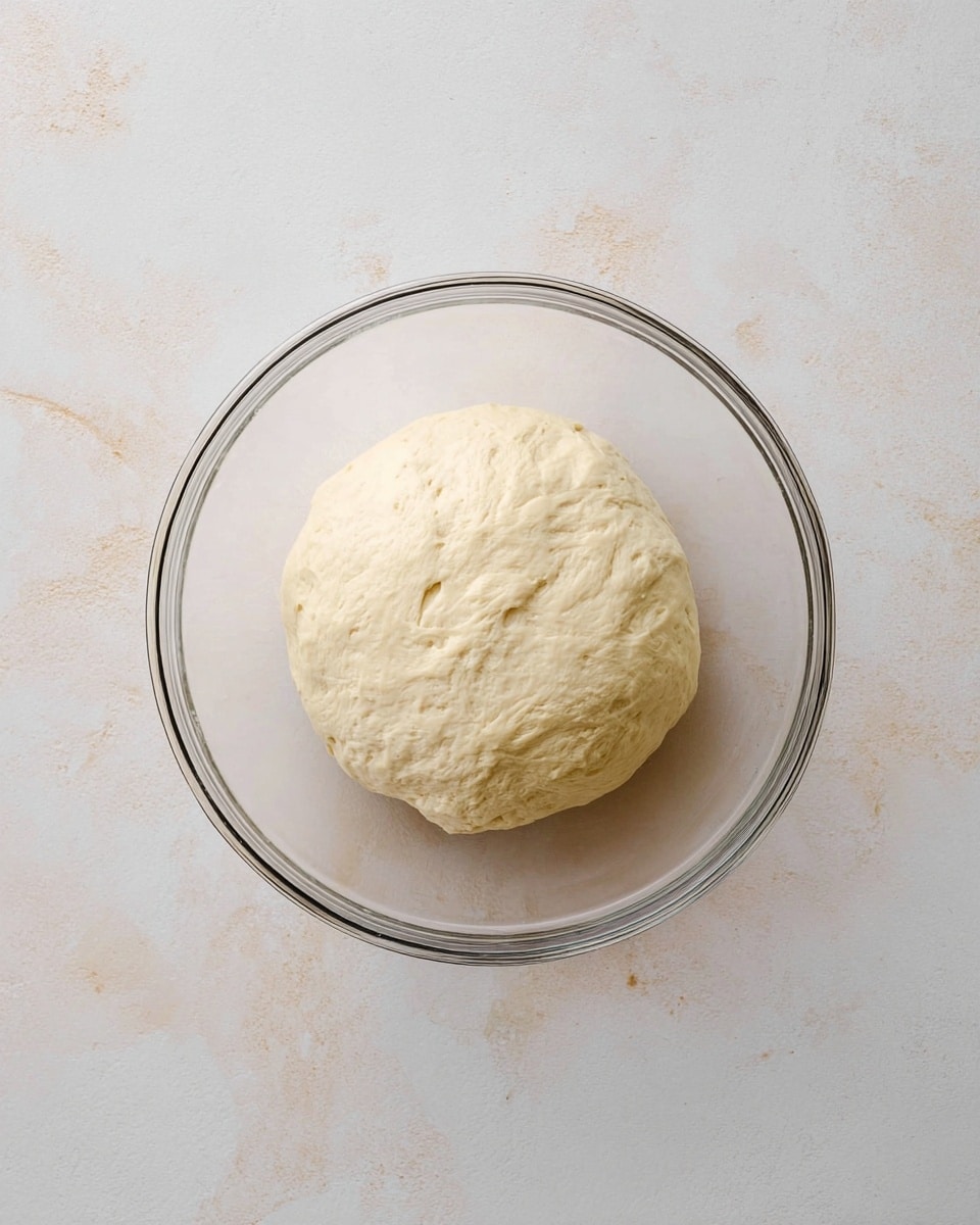 A smooth, round ball of pale dough sits centered in a clear glass bowl. The dough has a soft, slightly bumpy texture and a light, creamy color. The bowl rests on a white marbled surface, which has faint beige marks, giving a clean and bright look to the scene. The bowl is viewed from above, showing the full shape of the dough inside photo taken with an iphone --ar 4:5 --v 7