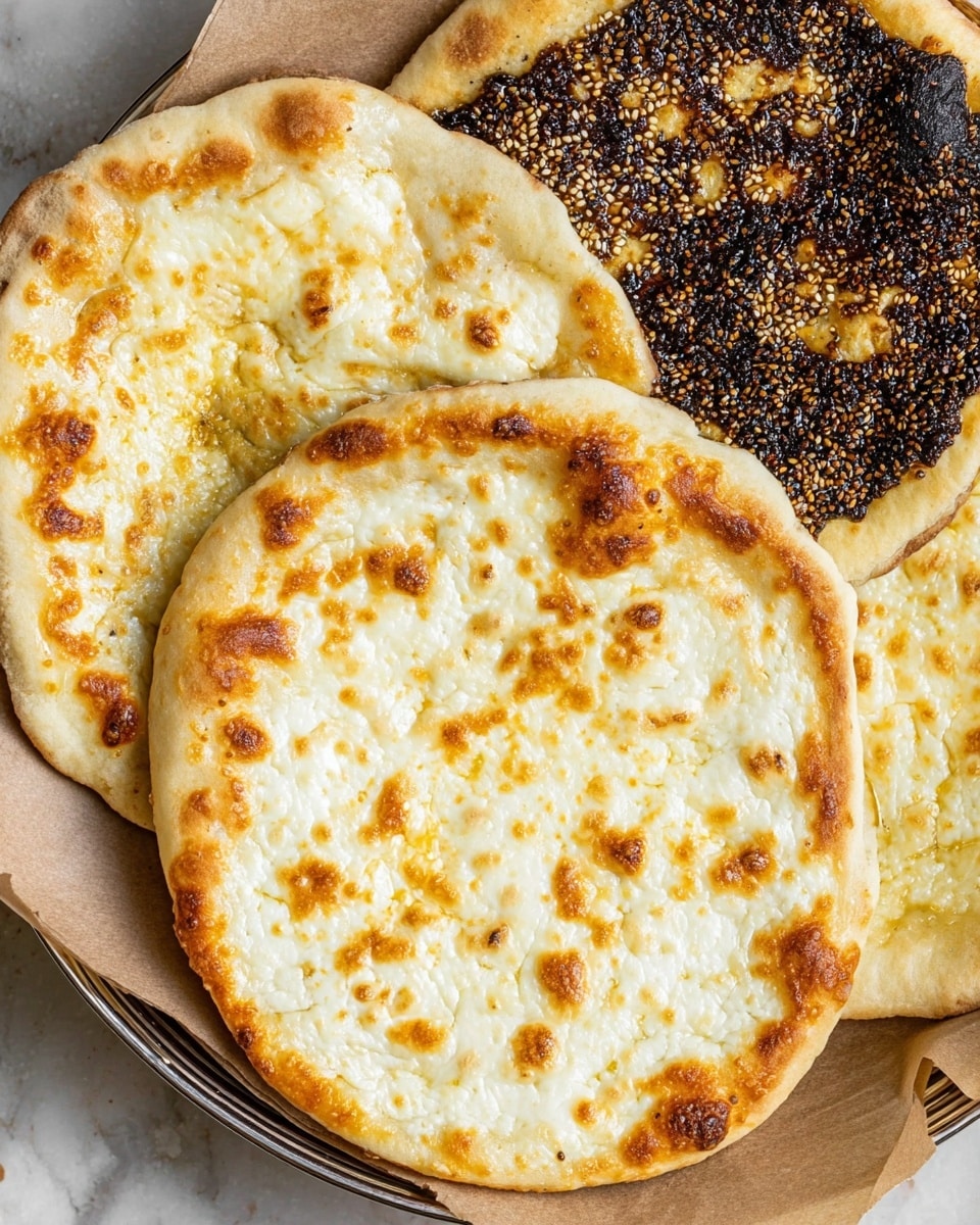 Four round flatbreads are shown close up on a light brown parchment paper in a round silver tray, resting on a white marbled surface. Three flatbreads are topped with melted white cheese that has light golden brown spots and bubbling texture, with the cheese spread evenly near the edges but not overflowing. One flatbread in the upper right corner has a dark topping mixed with sesame seeds, creating a rough texture and a mix of black, brown, and beige colors. The flatbreads have golden brown rims with a slightly crispy look and soft centers. Photo taken with an iphone --ar 4:5 --v 7