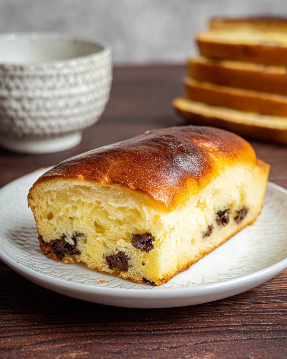 A soft rectangular bread with a shiny, golden-brown top layer sits on a white plate, revealing a thick, pale yellow inner layer filled with several dark brown melted chocolate chips visible near the bottom edge. The bread looks fluffy and slightly moist, with a smooth texture on the top and a softer, slightly spongy texture inside. The plate rests on a dark wooden surface, and in the blurred background, there is a white bowl with a patterned texture and a stack of similar breads to the right. The overall scene is clean and cozy with warm tones. photo taken with an iphone --ar 4:5 --v 7