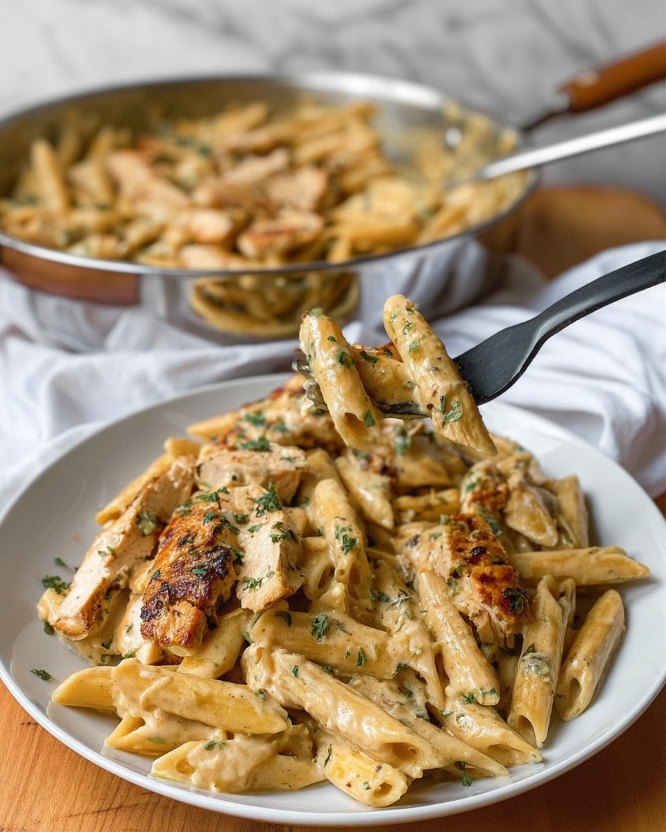 A white plate filled with creamy pasta and grilled chicken strips, the penne pasta coated in a light beige sauce with green herb bits scattered throughout. The chicken pieces are golden brown with a slightly charred texture, mixed evenly on top and throughout the pasta. A black fork lifts a bite of pasta and chicken, showing off the sauce's creamy texture. Behind the plate, a shiny silver pan with a wooden handle holds more of the same pasta dish, set on a wooden surface with a white cloth nearby. The background is a white marbled texture. photo taken with an iphone --ar 4:5 --v 7
