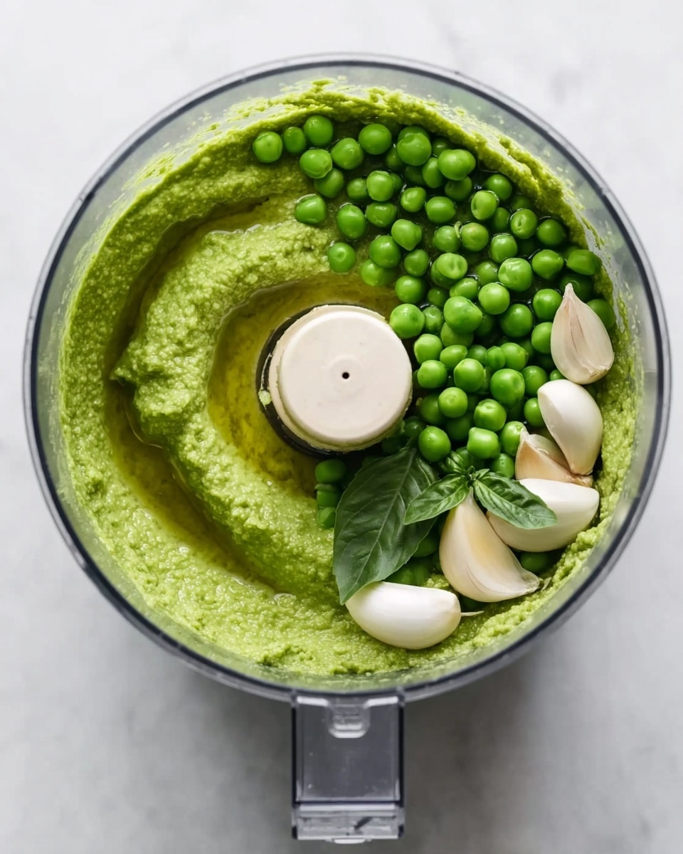 A clear food processor bowl is filled with smooth, bright green pea puree inside, forming one thick layer evenly spread around the center blade. Scattered on top are whole fresh green peas and three whole white garlic cloves on the right side. A small cluster of fresh dark green basil leaves rests near the garlic. There is a glossy olive oil layer partially covering some of the puree and peas, adding shine to the surface. The processor bowl is set on a white marbled surface, with soft and even lighting highlighting the fresh ingredients. photo taken with an iphone --ar 4:5 --v 7