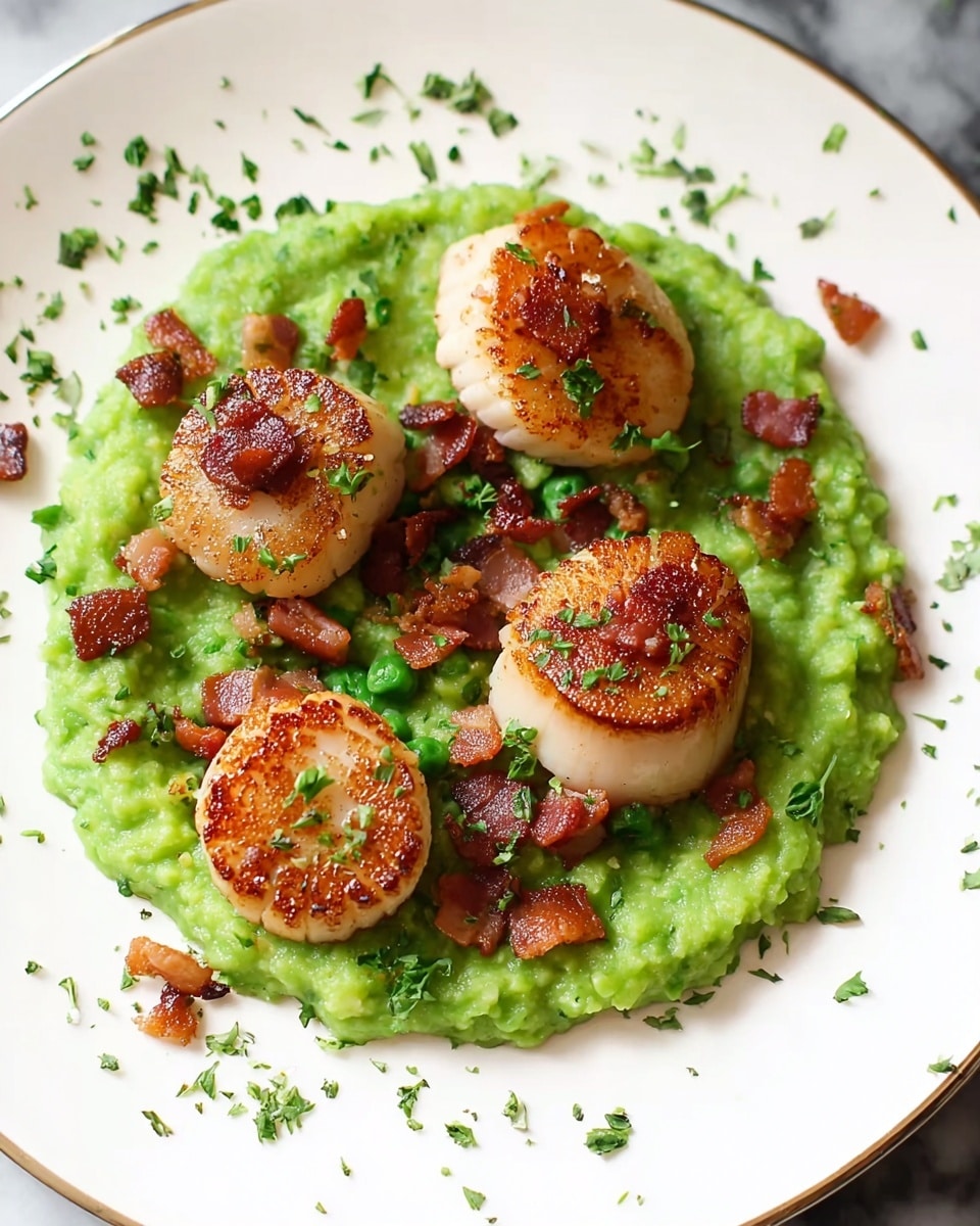 Four browned scallops with a slightly crispy top layer sit on a thick, bright green pea puree spread evenly on a white plate. Small chunks of crispy, browned bacon pieces are scattered across the pea puree, adding a textured contrast. Fresh finely chopped green herbs are sprinkled over the scallops and puree. The edge of the plate shows some scattered herbs and bits of pea puree. The plate rests on a white marbled surface. photo taken with an iphone --ar 4:5 --v 7