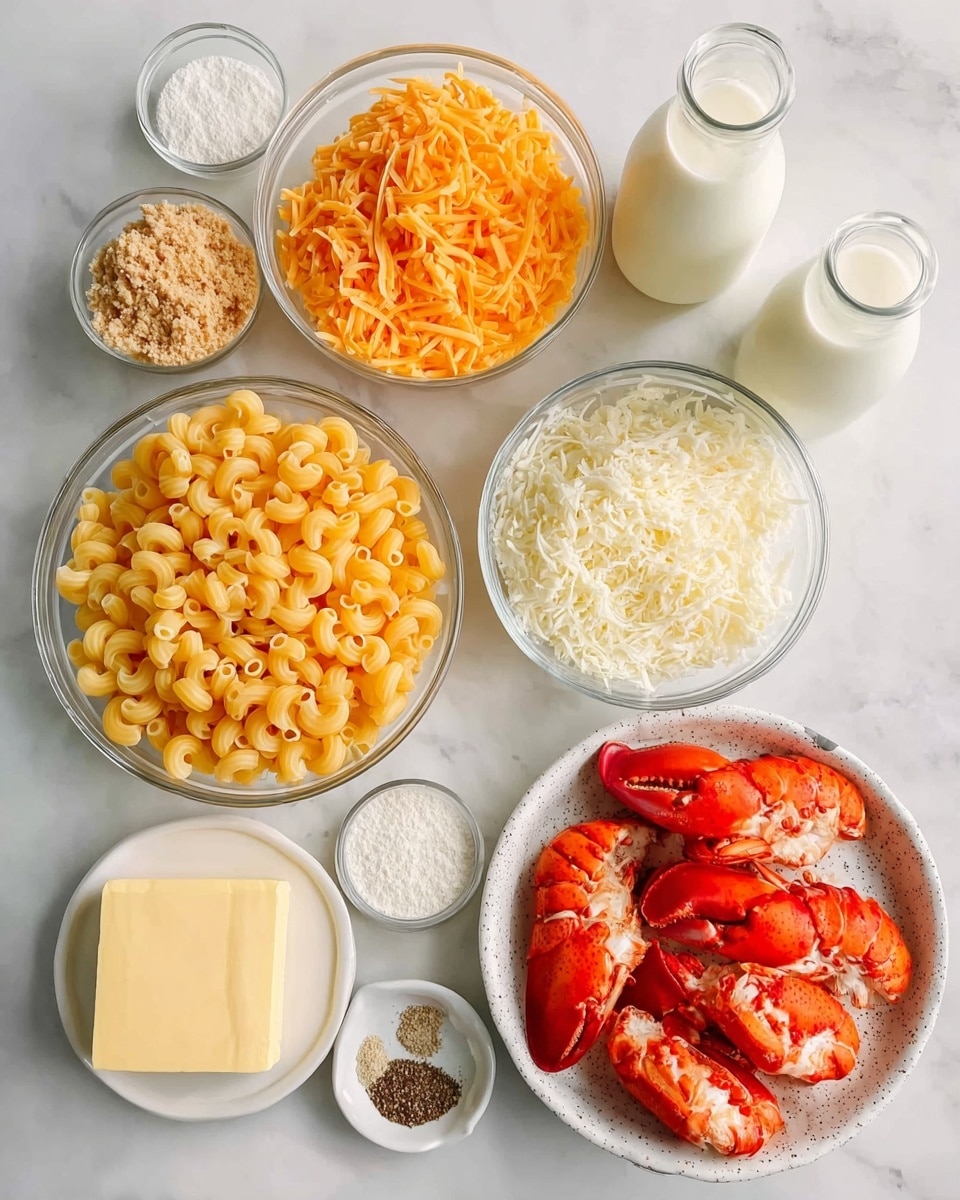 The image shows ingredients for a dish arranged on a white marbled surface. In the center, there is a large clear bowl filled with short, curly, yellow pasta. To its right, there is a medium clear bowl with shredded white cheese. Below it, there is a white bowl with bright orange shredded cheese. Slightly above the pasta bowl to the left, there are two small clear bowls, one with a light brown crumb mixture and the other with white flour. Next to these, there are two glass bottles filled with milk, one taller and one shorter. Below those, a white dish holds a stick of yellow butter. Near the bottom left, there is a small clear bowl of white grated cheese and a tiny dish with four types of ground spices. To the right side of the image, a large white speckled bowl contains bright red cooked lobster pieces, including claws and body parts. All items are shown clearly with natural lighting. Photo taken with an iphone --ar 4:5 --v 7