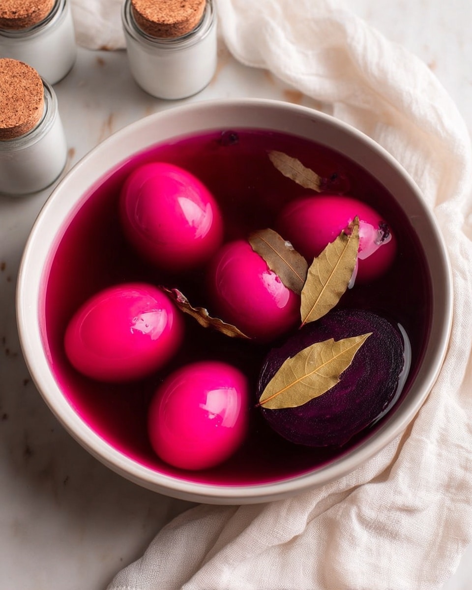 A white bowl filled with deep pink-red liquid, in which six bright pink eggs float along with two golden bay leaves and one large slice of dark purple beetroot; the surface is shiny and smooth, reflecting light, all placed on a white marbled surface with a soft white cloth casually draped beside the bowl, and several white jars with cork lids blurred in the background photo taken with an iphone --ar 4:5 --v 7