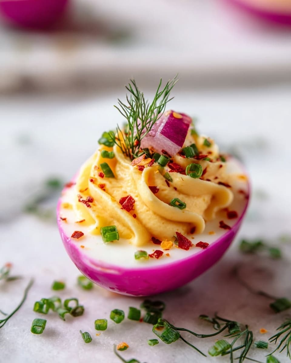 A single halved hard-boiled egg with a bright pink outer layer and smooth white inner layer is filled with a thick swirl of yellowish creamy yolk mixture on top. The yolk is sprinkled with small red chili flakes and finely chopped green chives. A small piece of reddish pickled onion and a fresh green dill sprig sit on the yolk cream, adding height and texture. The halved egg is placed on a white marbled surface with scattered green chives and dill leaves around it. The background is soft and blurred. photo taken with an iphone --ar 4:5 --v 7