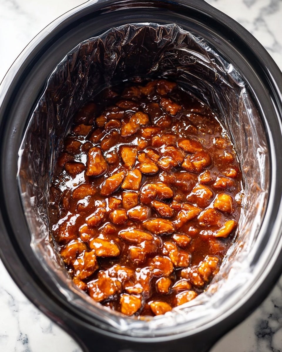 The image shows a slow cooker lined with clear plastic, filled with a rich, glossy mixture of small, irregular pieces of orange and brown food covered in a thick, shiny brown sauce. The inside of the slow cooker is black, and the texture of the sauce looks smooth and sticky, coating each piece well. The cooker sits on a white marbled surface. Photo taken with an iphone --ar 4:5 --v 7