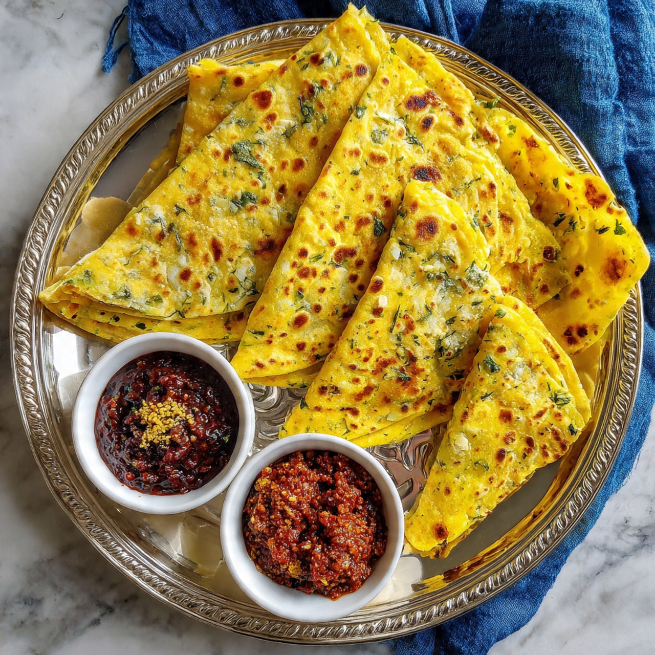 A metallic silver tray holds a layered pile of golden-yellow flatbreads folded into triangles, each speckled with green herb pieces and light brown spots showing they are cooked. The flatbreads are stacked loosely, filling most of the tray. In front of the tray, there are three small round white bowls: one with dark red chunky sauce, another with smooth green sauce, and the last with a reddish-brown crumbly topping. A blue cloth is loosely arranged on the upper right corner of the scene. The background is a white marbled surface. Photo taken with an iphone --ar 4:5 --v 7