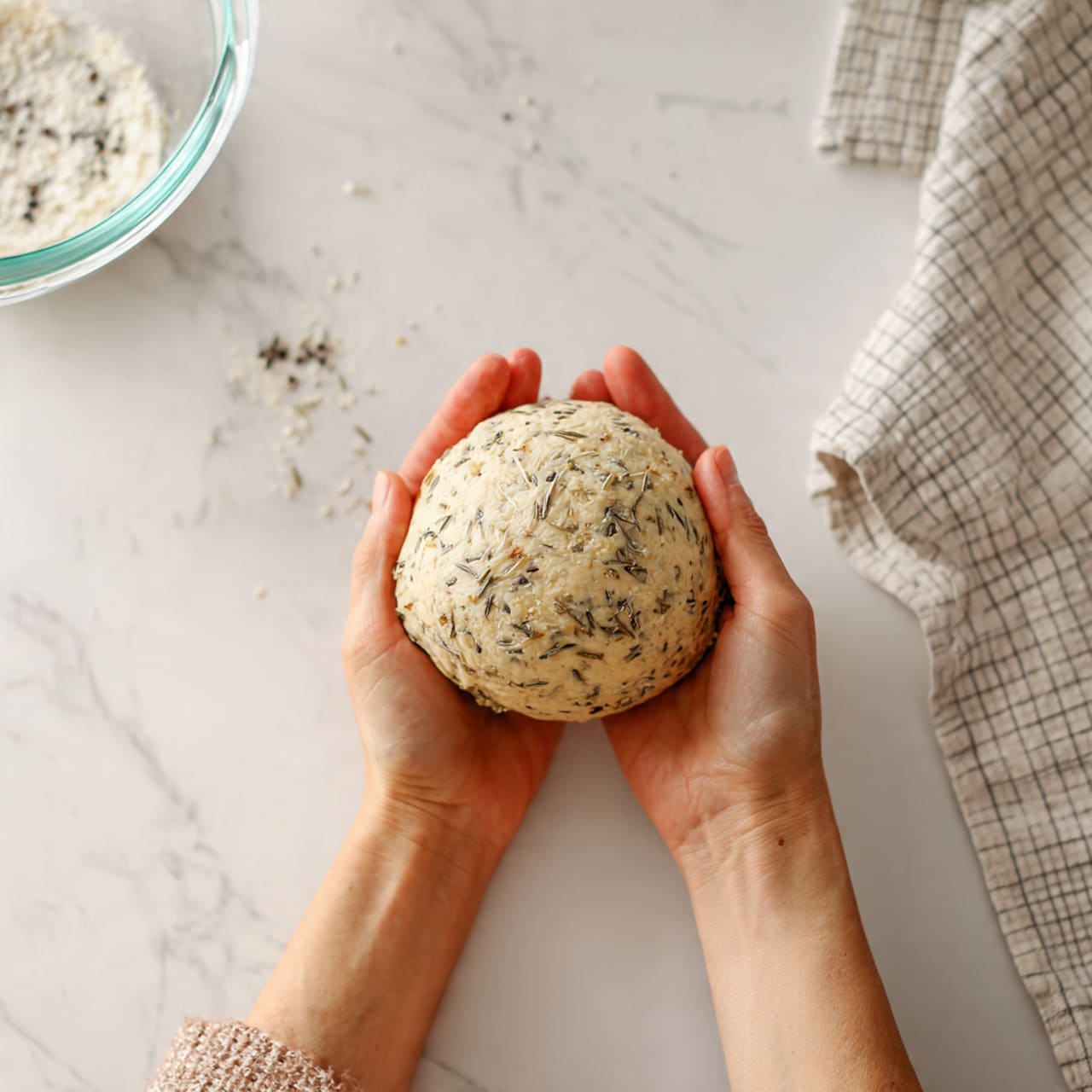A woman's hands gently hold a round ball of dough mixed with small specks of herbs or spices, giving it a textured look. The dough appears smooth and soft with faint lines indicating it has been pressed and shaped. The background shows a clear glass bowl and a faint checkered cloth, all placed on a white marbled surface. Photo taken with an iphone --ar 4:5 --v 7