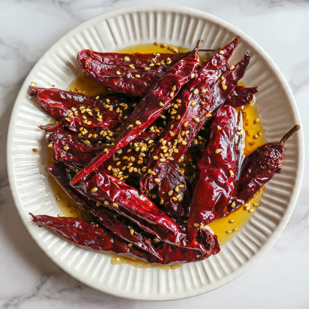 The image shows eight large, shiny, dark red dried chili peppers placed closely together on a white plate with ridged edges. The chilies are covered in a thin layer of light golden oil that pools slightly around them on the plate. Some yellow chili seeds are scattered on top and between the peppers, adding small spots of brightness. The plate sits on a dark wood surface, which is changed in the description to a white marbled texture for the prompt. The chilies have a wrinkled texture and vary slightly in size, creating a natural layered arrangement. photo taken with an iphone --ar 4:5 --v 7