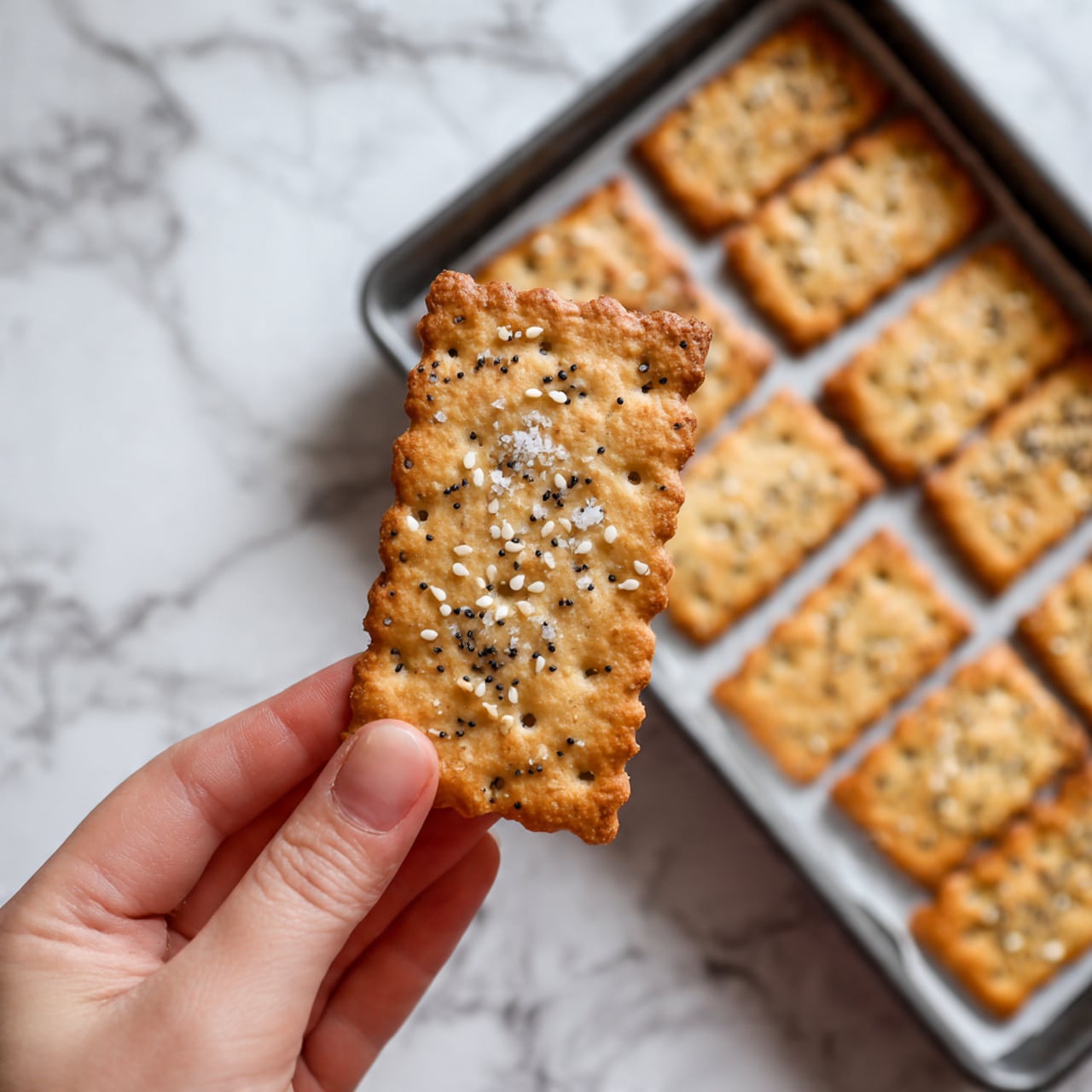 A close-up image shows a rectangular cracker held by a woman's hand. The cracker is light brown with a slightly rough texture and sprinkled with white sesame seeds, black poppy seeds, and small pieces of coarse salt on the surface. The edges of the cracker are crimped in a wavy pattern. In the background, a baking tray lined with parchment paper holds many more crackers of the same kind, all arranged in rows on a white marbled surface. The photo taken with an iphone --ar 4:5 --v 7