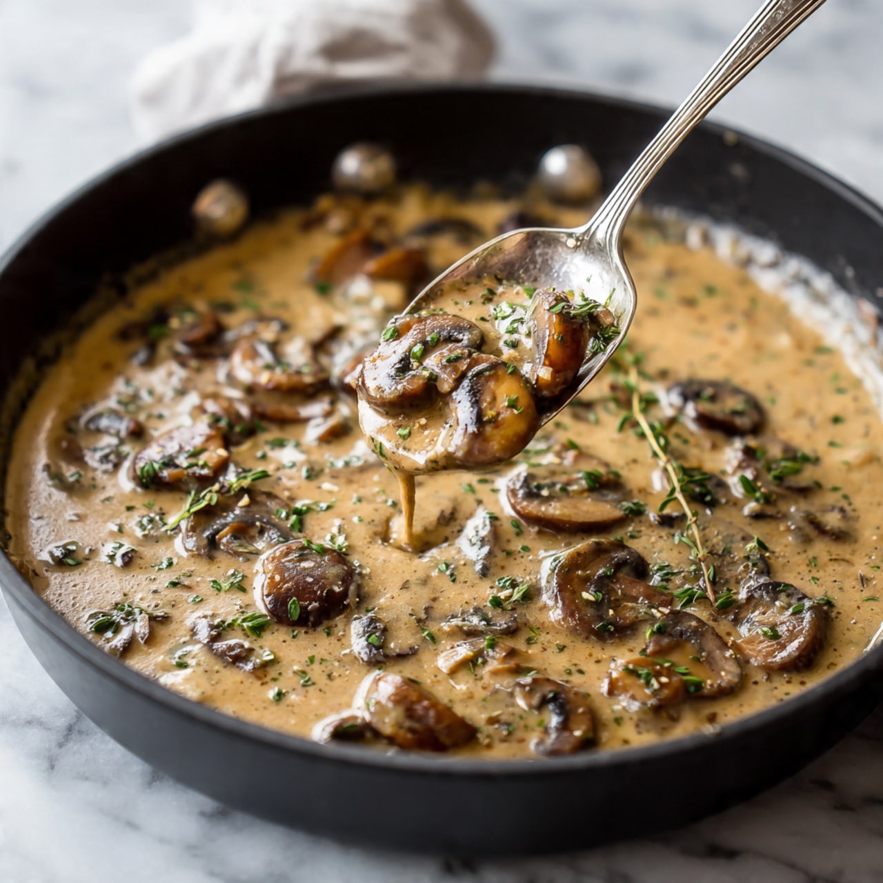 A close-up view of a creamy mushroom sauce in a black skillet on a white marbled surface, showing many small sliced brown mushrooms floating in a thick light tan sauce, with little green herb pieces sprinkled on top. A shiny silver spoon is scooping a portion of the sauce with mushrooms, reflecting light. The sauce looks smooth with some bubbles and a rich texture. photo taken with an iphone --ar 4:5 --v 7