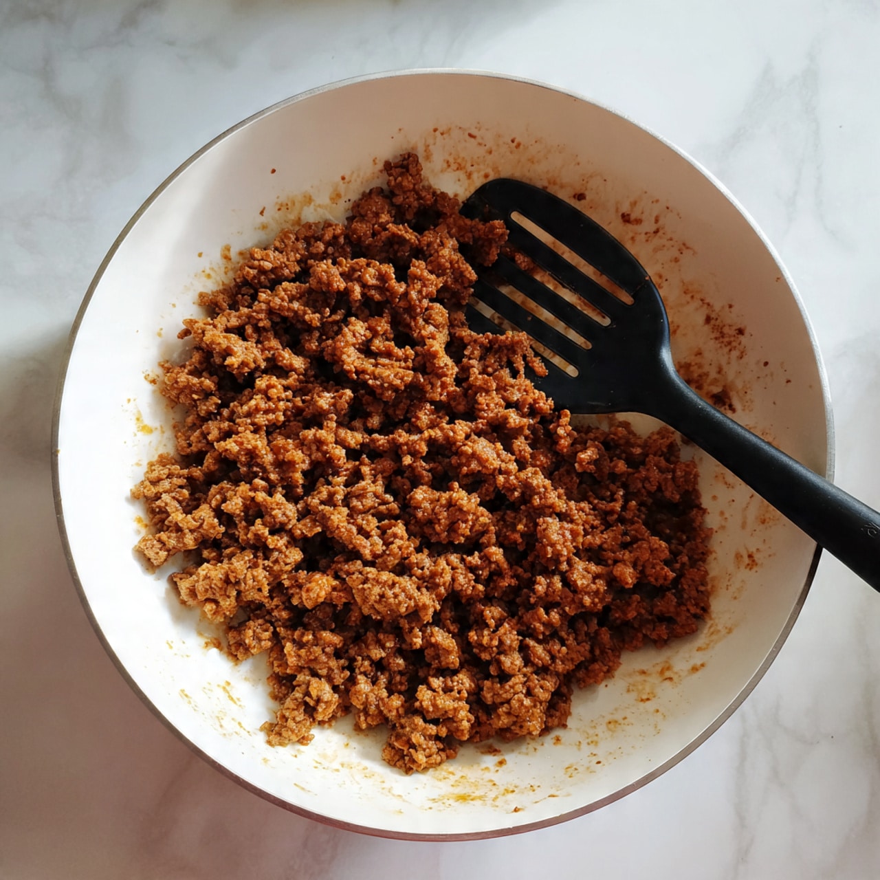 The image shows cooked ground beef in a white pot with slight browning and uneven texture. The beef is mostly brown with some darker spots, and the pieces are small and crumbly. A black slotted spatula is resting on the side of the pot, lightly stirring the meat. The pot sits on a white marbled surface, with some slight staining near the beef. Photo taken with an iphone --ar 4:5 --v 7