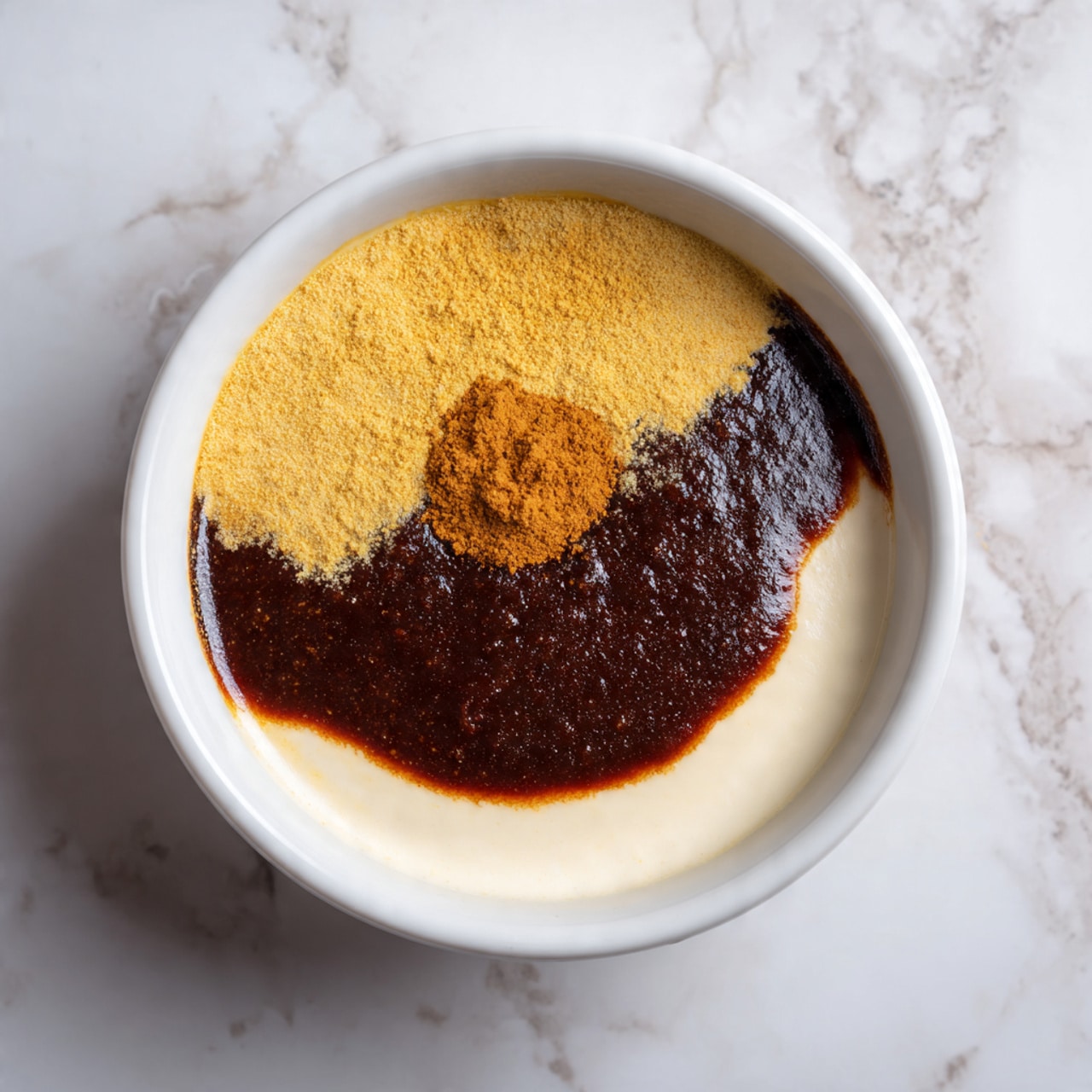 A white bowl contains three distinct layers placed in the center. The bottom layer is creamy, smooth, and off-white, spreading across the base of the bowl. On top is a slightly grainy, mustard-yellow dollop, sitting neatly in the middle of the creamy layer. Finally, a thick, dark brown sauce with a dense texture rests partly over the yellow layer. The bowl sits on a surface with a white marbled texture. Photo taken with an iphone --ar 4:5 --v 7