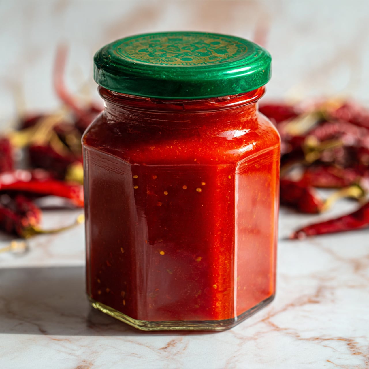 A clear glass jar with a green metal lid is filled with a thick, bright red sauce that has small dark specks throughout. The jar is placed on a worn wooden surface, and in the background, there are dried red chili peppers laying nearby. The sauce looks smooth with some small texture bits inside. The image has a soft natural light, showing the vibrant color and texture of the sauce clearly. The background is a white marbled texture. photo taken with an iphone --ar 4:5 --v 7