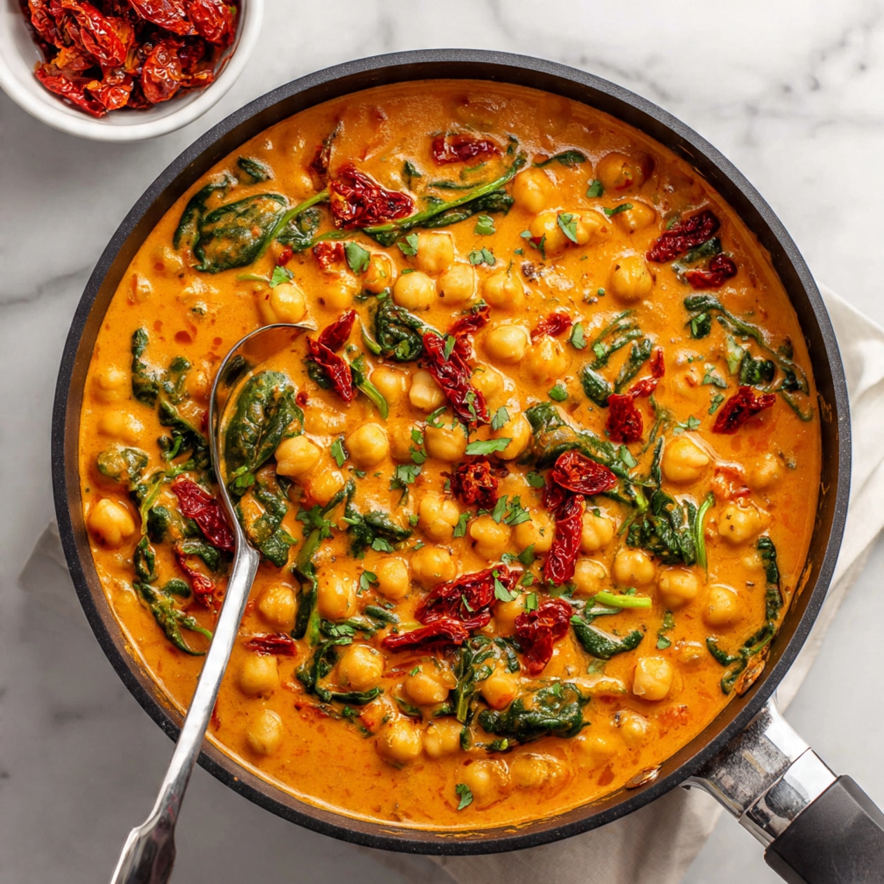 The dish is a creamy chickpea curry served in a black pan with a large silver spoon resting inside. The curry has a rich orange sauce with soft chickpeas scattered throughout. Dark green leafy spinach pieces and small bright red sun-dried tomato bits are mixed evenly in the sauce. Fresh bright green chopped herbs are sprinkled on top, adding freshness and color contrast. The background surface is a white marbled texture, and a small white bowl of sun-dried tomatoes partially enters from the top left. photo taken with an iphone --ar 4:5 --v 7