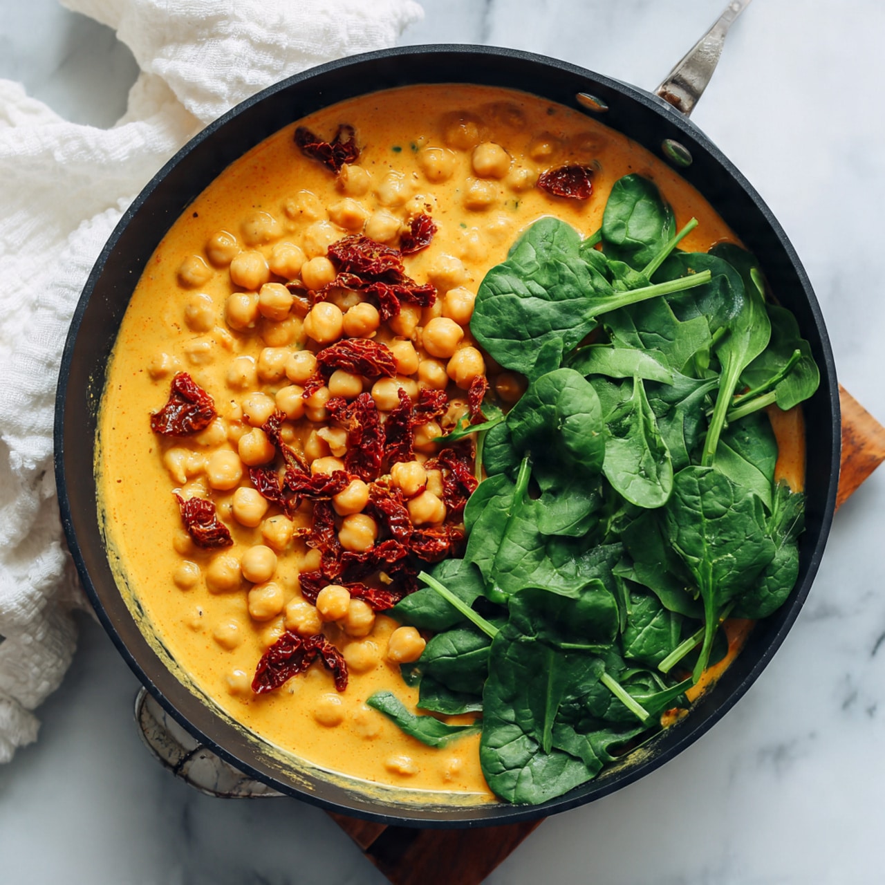 A black pan filled with a creamy orange sauce that has chickpeas spread throughout. On one side of the pan, there is a heap of fresh, bright green spinach leaves piled on top of the sauce. The sauce has a thick texture and small pieces of what looks like sun-dried tomatoes mixed in. The pan sits on a white marbled surface and there is a white cloth partially visible on the left side of the frame. photo taken with an iphone --ar 4:5 --v 7