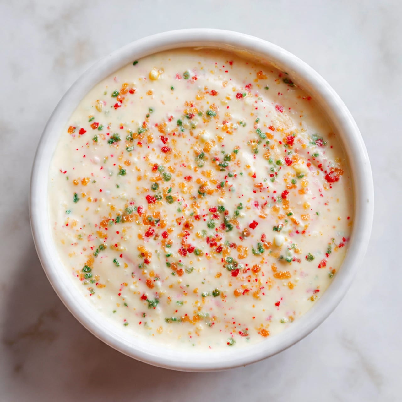 A round white bowl filled with a smooth, creamy off-white mixture that has small colorful bits sprinkled evenly on top. The bits are tiny and appear in red, green, and orange, creating a lively pattern against the pale base. The bowl sits on a white marbled surface, enhancing the clean and fresh look of the dish. The overall texture of the mixture looks soft and thick, with a slight shine reflecting light. photo taken with an iphone --ar 4:5 --v 7