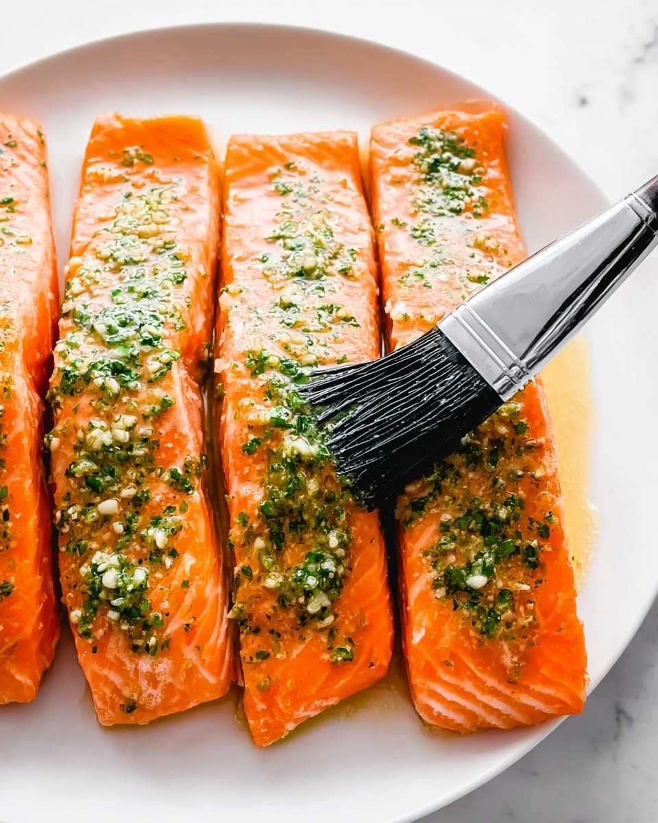 Four pieces of bright orange salmon fillets lie side by side on a white plate. The top of each fillet is coated with a shiny layer of green herb mixture and small bits of garlic, giving a fresh and slightly textured look. A metal brush with black bristles is applying the herb sauce on the second fillet from the bottom. The plate sits on a white marbled surface. photo taken with an iphone --ar 4:5 --v 7