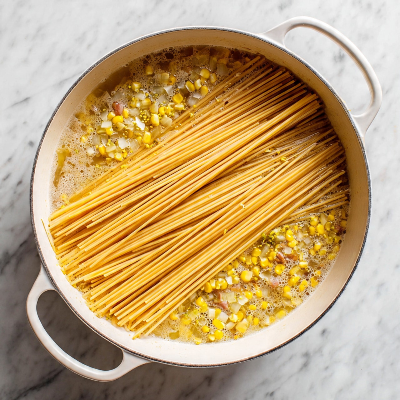 A black skillet filled with creamy white sauce at the bottom, layered with long, smooth, pale yellow spaghetti noodles piled loosely in the center. Scattered on top are bright yellow corn kernels and small dark red-brown bacon pieces, sprinkled with green chopped herbs and finely grated white cheese, creating a colorful contrast. The skillet is placed on a white marbled surface with a light gray cloth partially underneath. Some fresh green herbs are visible in the upper left corner. Photo taken with an iphone --ar 4:5 --v 7