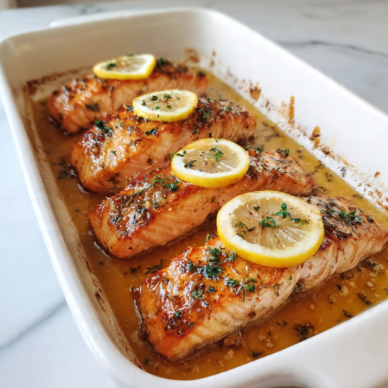 A white baking dish contains four baked salmon fillets arranged in a row. Each fillet has a golden-orange color with a slightly shiny texture from a buttery sauce underneath. On top of each salmon piece lies a thin lemon slice sprinkled with small green herb leaves. The edges of the dish have light browning and sauce remnants. The scene is set on a white marbled surface, adding brightness and contrast. photo taken with an iphone --ar 4:5 --v 7