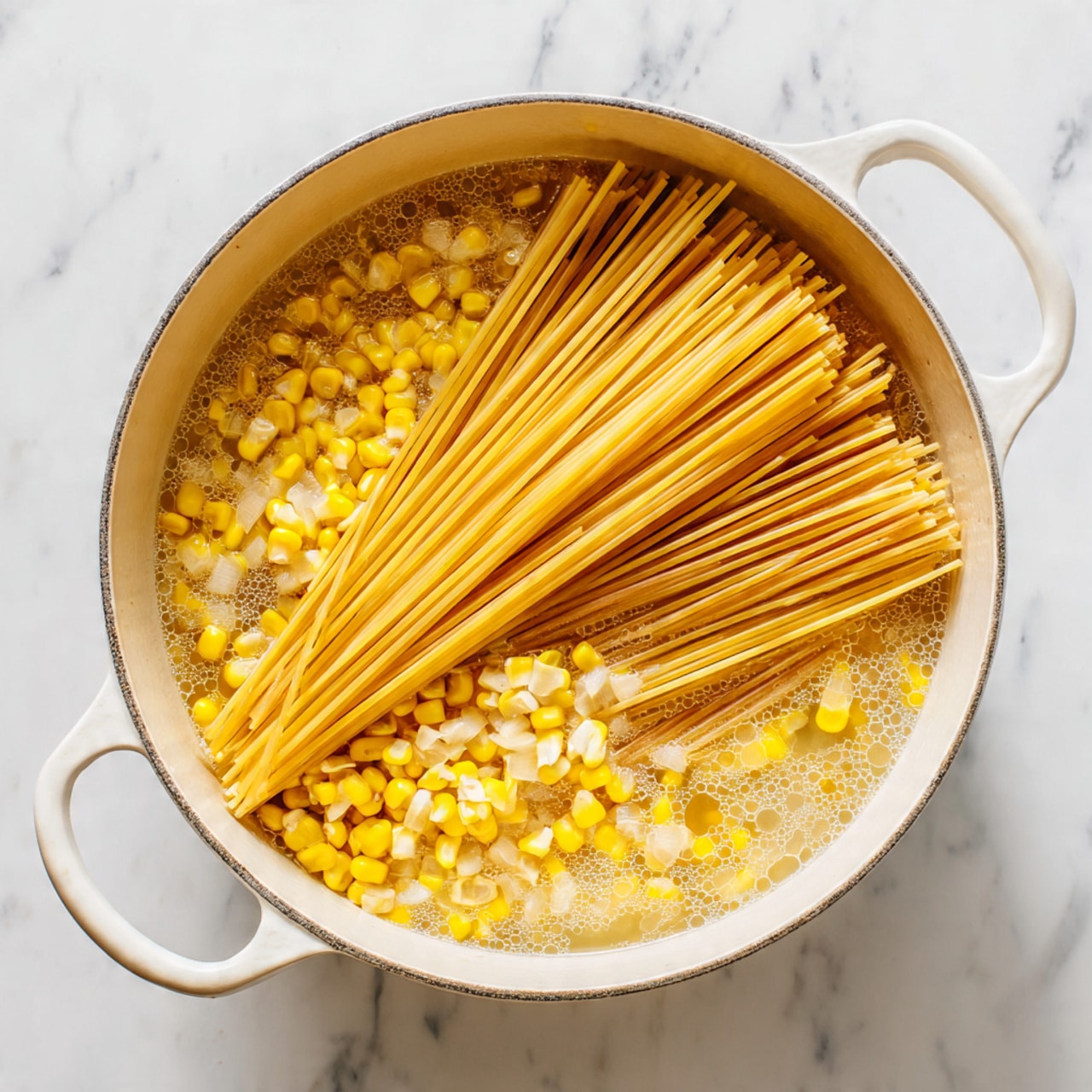 A white cast iron pan filled with uncooked spaghetti laying in a shallow broth with yellow corn kernels and small pieces of translucent onions scattered on top and around the pasta. The long spaghetti strands are bunched together diagonally from the bottom right to the middle left of the pan, partially submerged in a simmering liquid that has small bubbles. The corn kernels add bright yellow spots, creating a contrast with the pale golden pasta and light broth. The pan sits on a white marbled surface. photo taken with an iphone --ar 4:5 --v 7