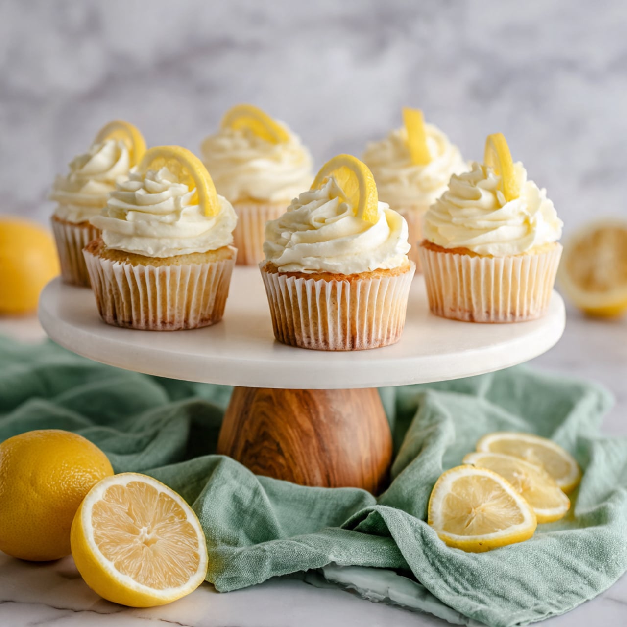 A white round cake stand with a thick wooden base holds six lemon cupcakes. Each cupcake has a light yellow cake base topped with a swirl of creamy white frosting. A thin lemon slice is placed upright in the frosting of each cupcake, creating a bright yellow accent. The cake stand is set on a folded green cloth on a white marbled surface. Next to the cloth is a lemon half showing its juicy, bright yellow interior, and a few more lemon slices lie scattered nearby. The background is a soft white marbled texture, giving a clean and fresh look photo taken with an iphone --ar 4:5 --v 7