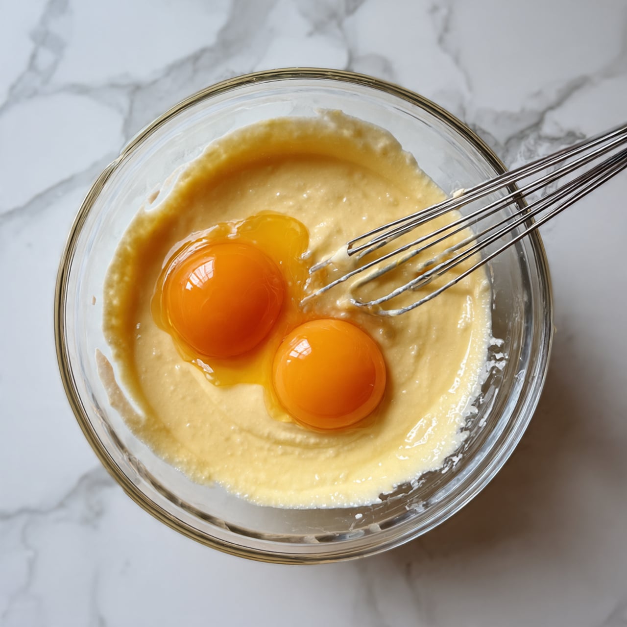A clear glass bowl sits on a white marbled surface, filled with soft, creamy yellow batter. On top of the batter are two bright, glossy egg yolks, their smooth texture contrasting with the fluffy mixture beneath. Two silver beaters rest inside the bowl, coated with some of the batter, positioned diagonally. The background is out of focus, keeping attention on the bowl and its contents. Photo taken with an iphone --ar 4:5 --v 7